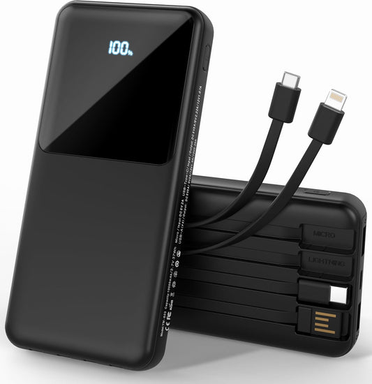 Portable Charger with Built in Cables, Power Bank with Cords Wires, Slim 10000mAh Travel Battery Pack 6 Outputs 3 Inputs 3A Fast Charging for Samsung Google Pixel LG Moto iPhone iPad, 1 Pack