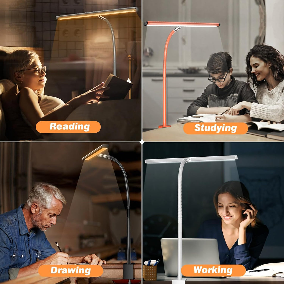 Airlonv LED Desk Lamp with Clamp, 17" Stepless Dimming Light, Orange