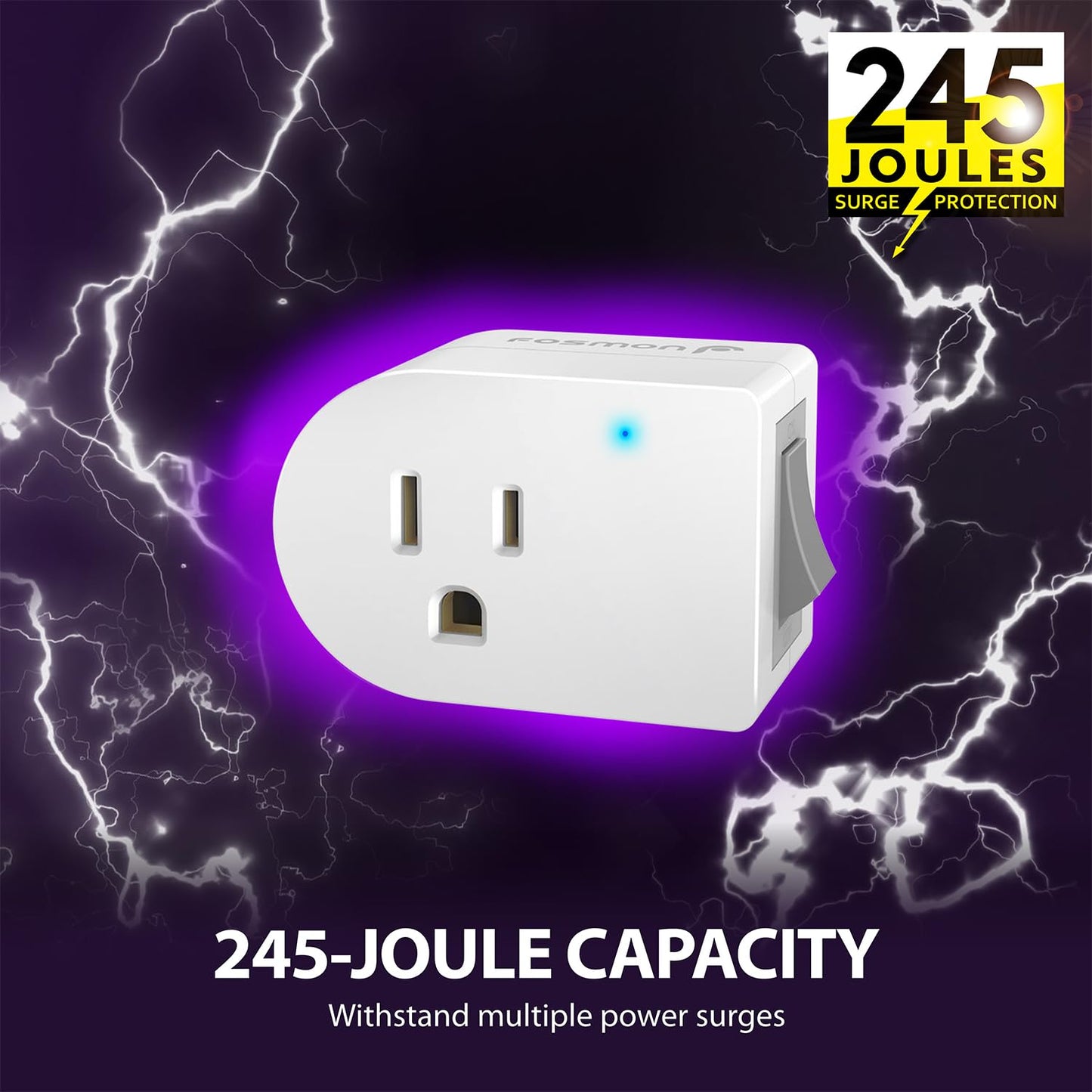 Fosmon Grounded Outlet with ON/Off Switch (4 Pack), 3 Prong Electrical Plug Outlet Extender Switch, 245J Single Port Power Adapter Surge Protector, 15A Circuit Breaker, White, ETL Listed