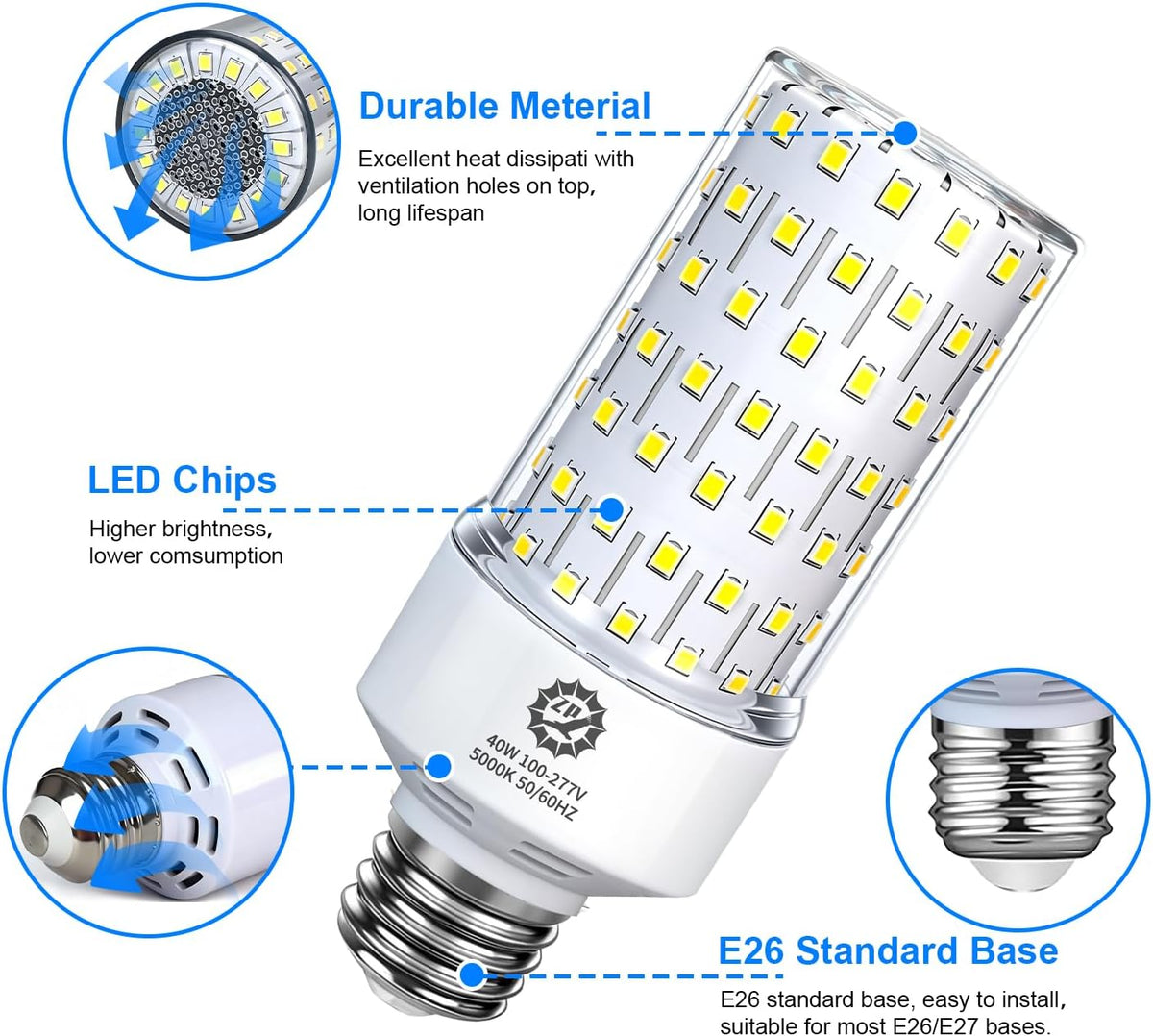 ZP 40W LED Light Bulb 2 Pack Corn Bulb Daylight Bulb E26/E27 Medium Base