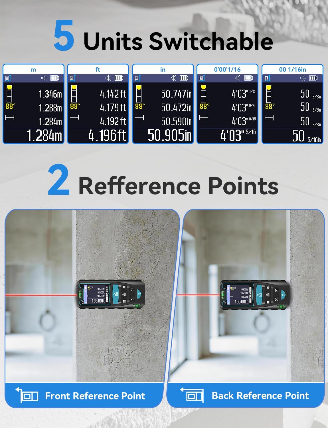 Laser Measuring Tool 165ft, RockSeed S2C Red Beam Laser Measure with Rotatable HD IPS Color Screen, 12 Measurement Modes, 3 Leveling Modes, 5 Units Switchable, for Stake Marking/Distance/Area/Volume