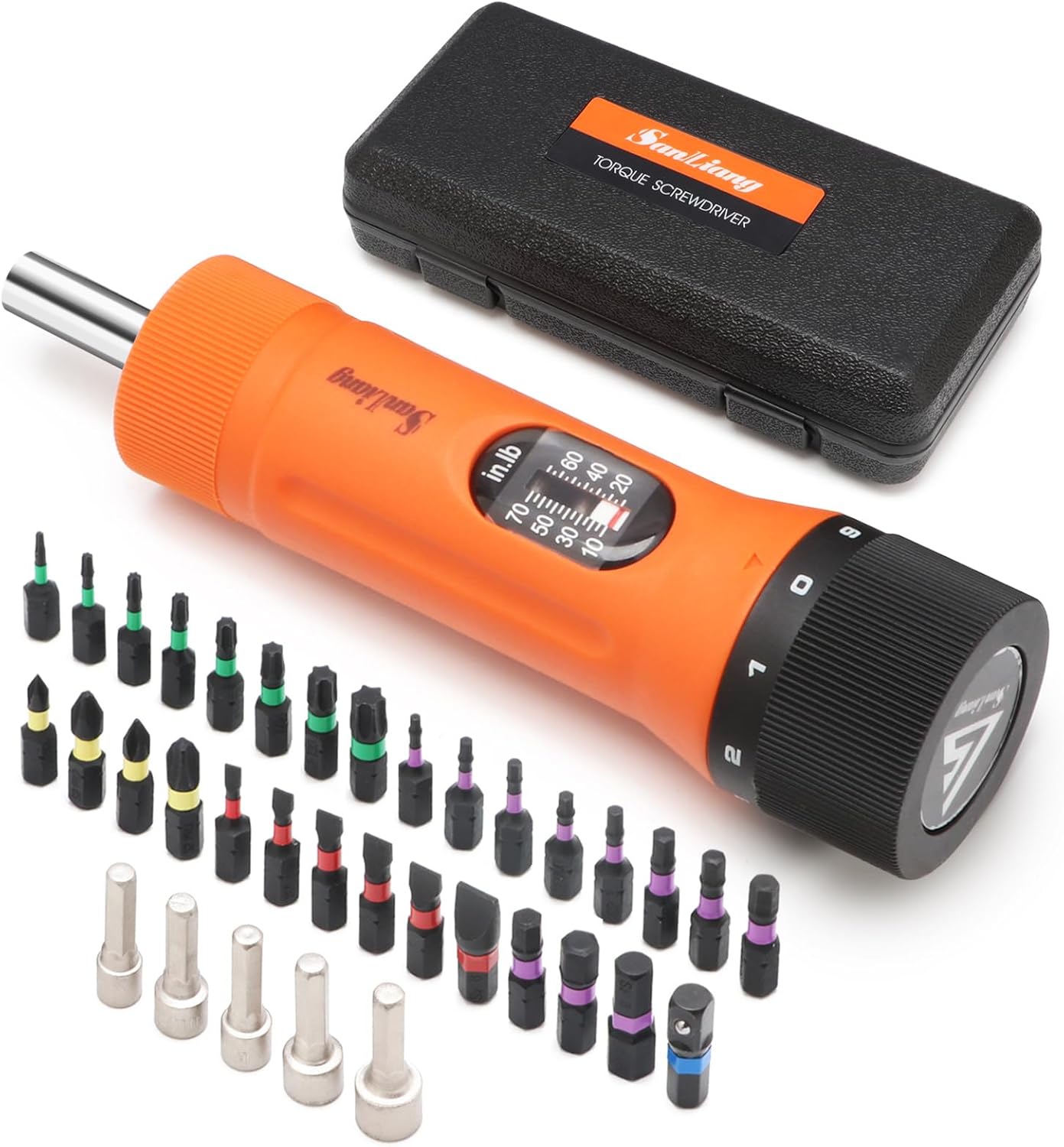 Sanliang 36Pcs Torque Screwdriver Wrench Driver Set 10-70 Inch Pounds lbs with 29 S2 Bits，5 Drive Sockets ，1/4" Socket Adapter for Maintenance,Tools, Bike Repairing and Mounting.