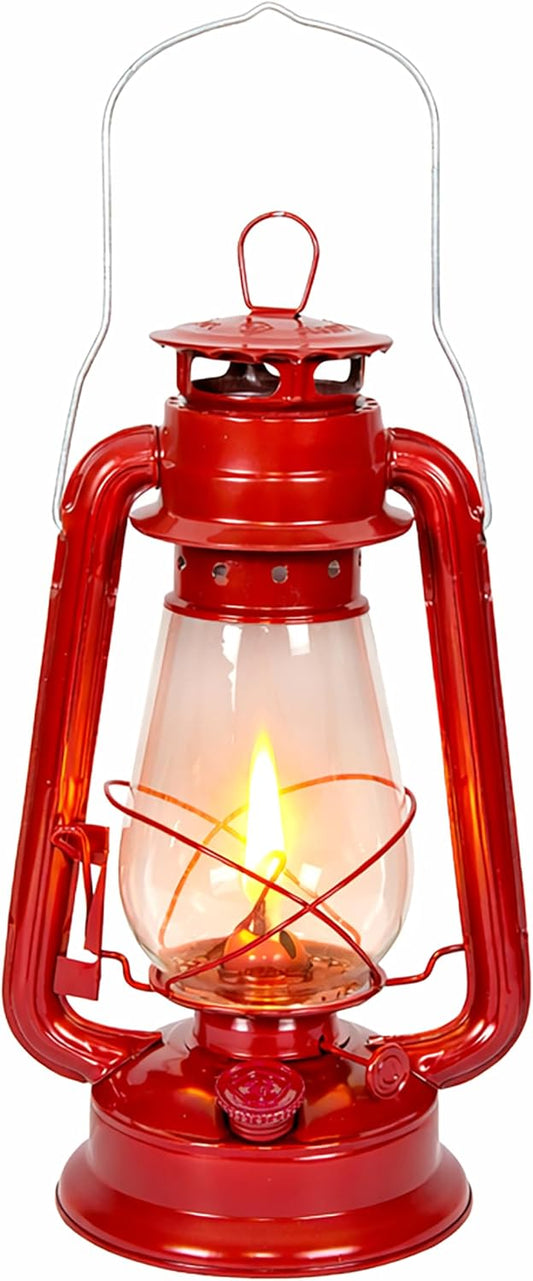 Stansport Hurricane Lantern – Classic Metal Kerosene Oil Lamp with Glass Globe and Adjustable Wick – Portable Emergency Lighting & Decorative Indoor/Outdoor Camping Lantern, Red