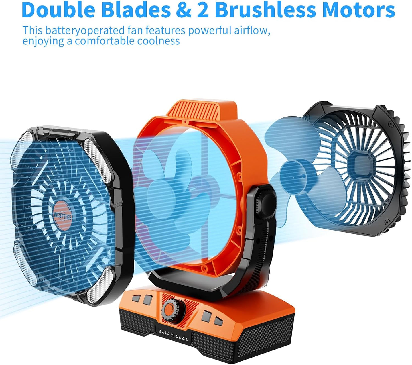 WESTTREE Camping Fan Oscillating Portable Fan Battery Powered Fans Rechargeable Camping essentials with Light Hook, 270° Pivot USB Desk Battery Operated Outdoor Tent Travel