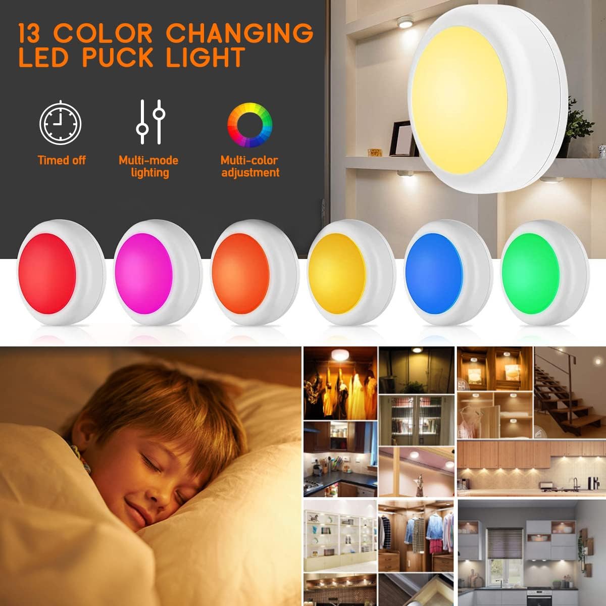 LED Puck Lights with Wireless Remote, 13 Colors RGB Dimmable Under Cabinet, Battery Powered Color Changing, Party Atmosphere for Kitchen Closet Counter, 6 Pack