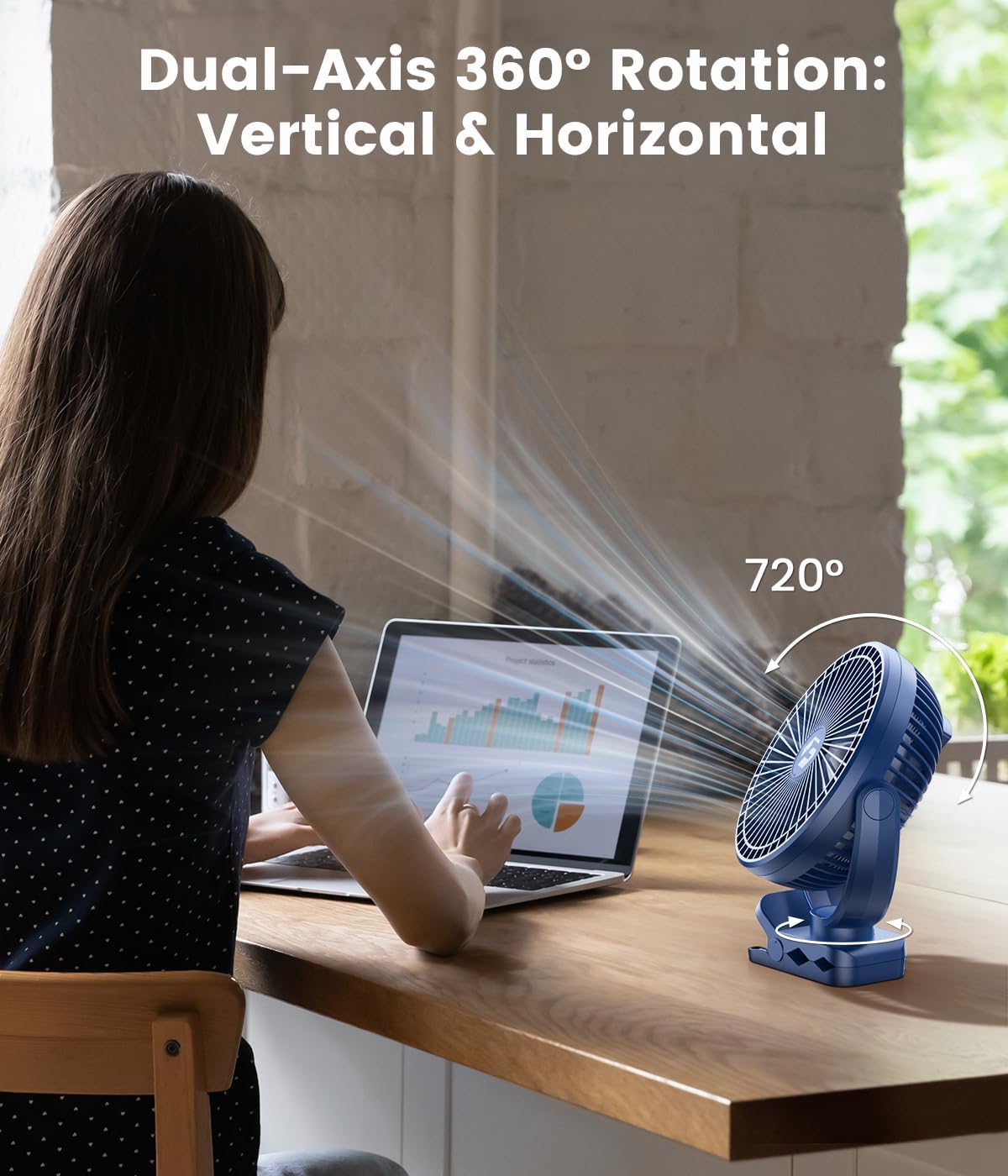 8" Clip on Fan, 20000mAh Rechargeable Fan Battery Portable, Strong Airflow | 3 Speeds, USB Fan Small Desk Fan Personal Quiet Fan for Office, Stroller, Bedroom, Camping, Gifts for Men, Blue