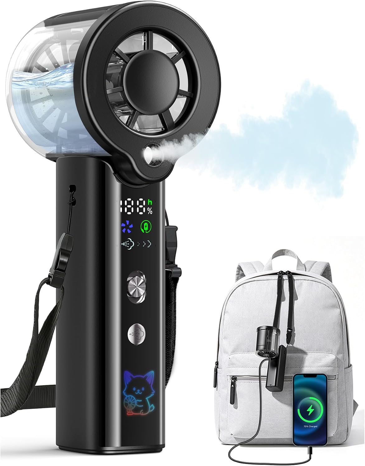 Portable Misting Fan with Mist, 3-in-1 Rechargeable Handheld 4000mAh | Adjustable mist mode, 100-speed wind control, LED display, power bank function, 30000RPM, compact & lightweight