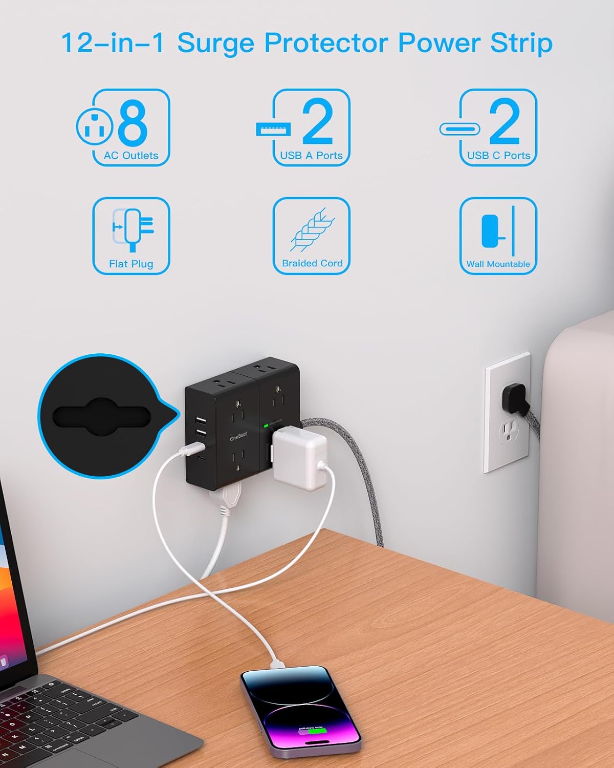 Surge Protector Power Strip 25 Ft Cord, Ultra Thin Flat Extension Cord with 8 Outlets 4 USB Ports(2 USB C), Flat Plug Power Strip, 25 Ft Long Braided Power Cord for College Dorm Room Essentials-BK