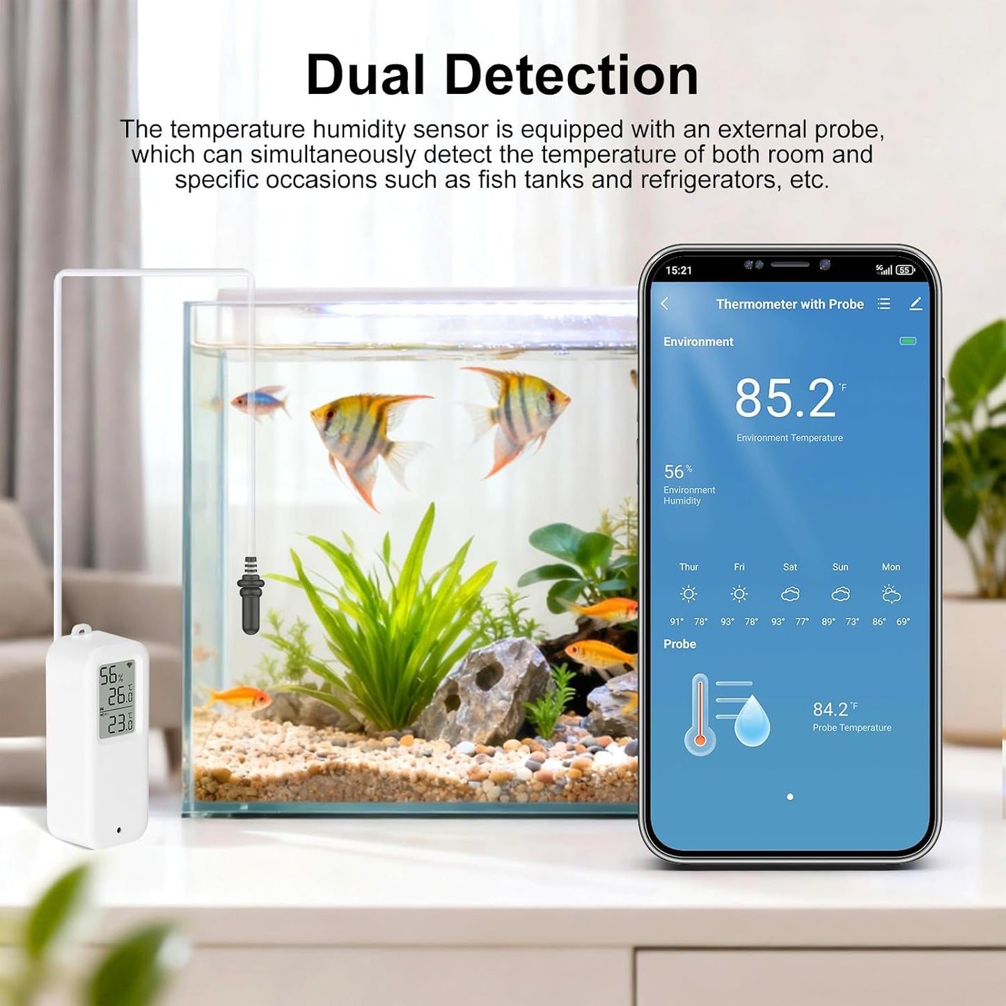 eMylo WiFi Refrigerator Thermometer Hygrometer with Probe, Smart Wireless Freezer Temperature Humidity Monitor, App Alerts & Data Export, Alexa Compatible for Fridge, Aquarium, Wine Cellar