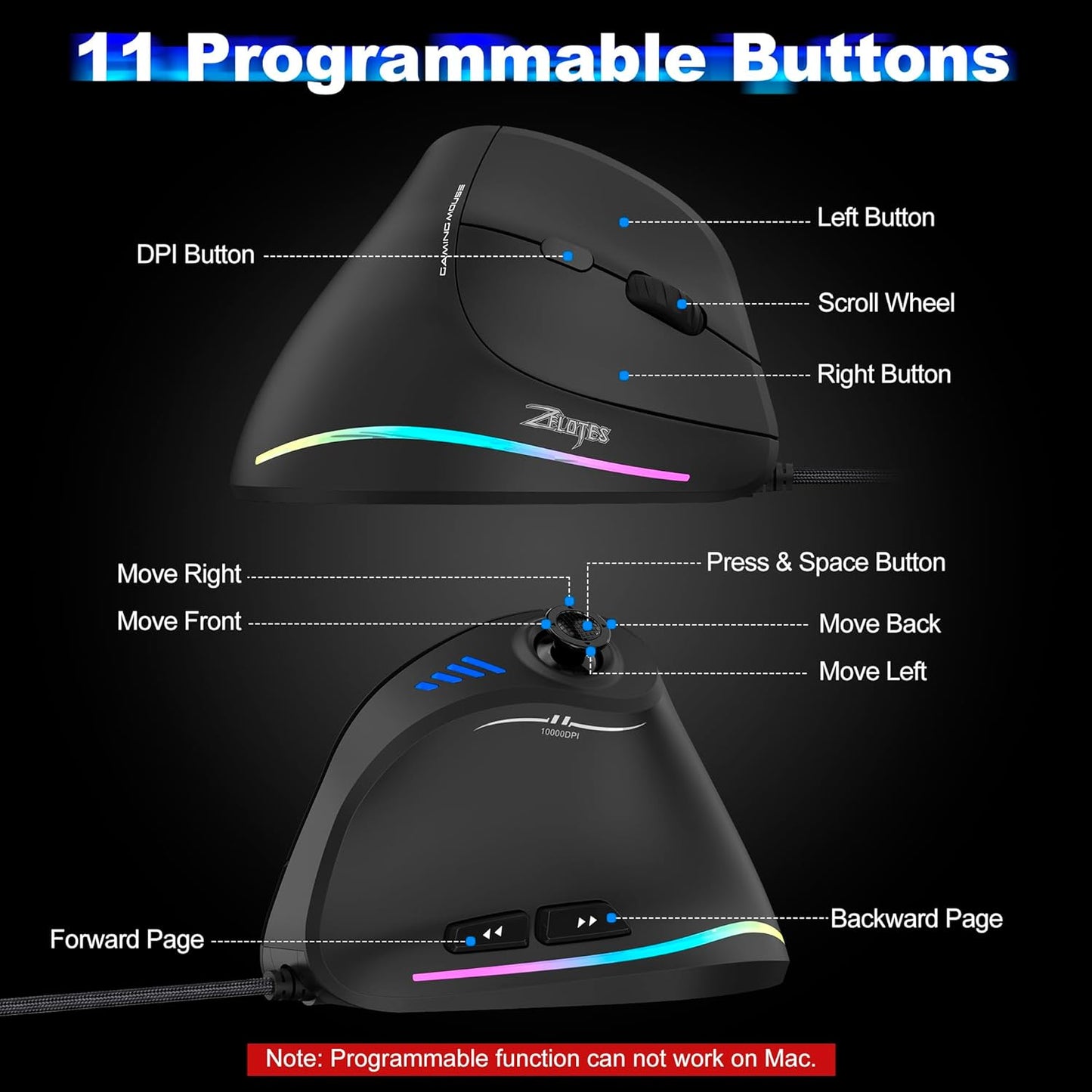 TRELC Wired Gaming Mouse with 5 D Rocker, 10000 DPI/11 Programmable Buttons, Vertical Ergonomic Mouse with On-Board Memory, Optical Computer Mice for PC/Laptop/E-Sports/Gamer