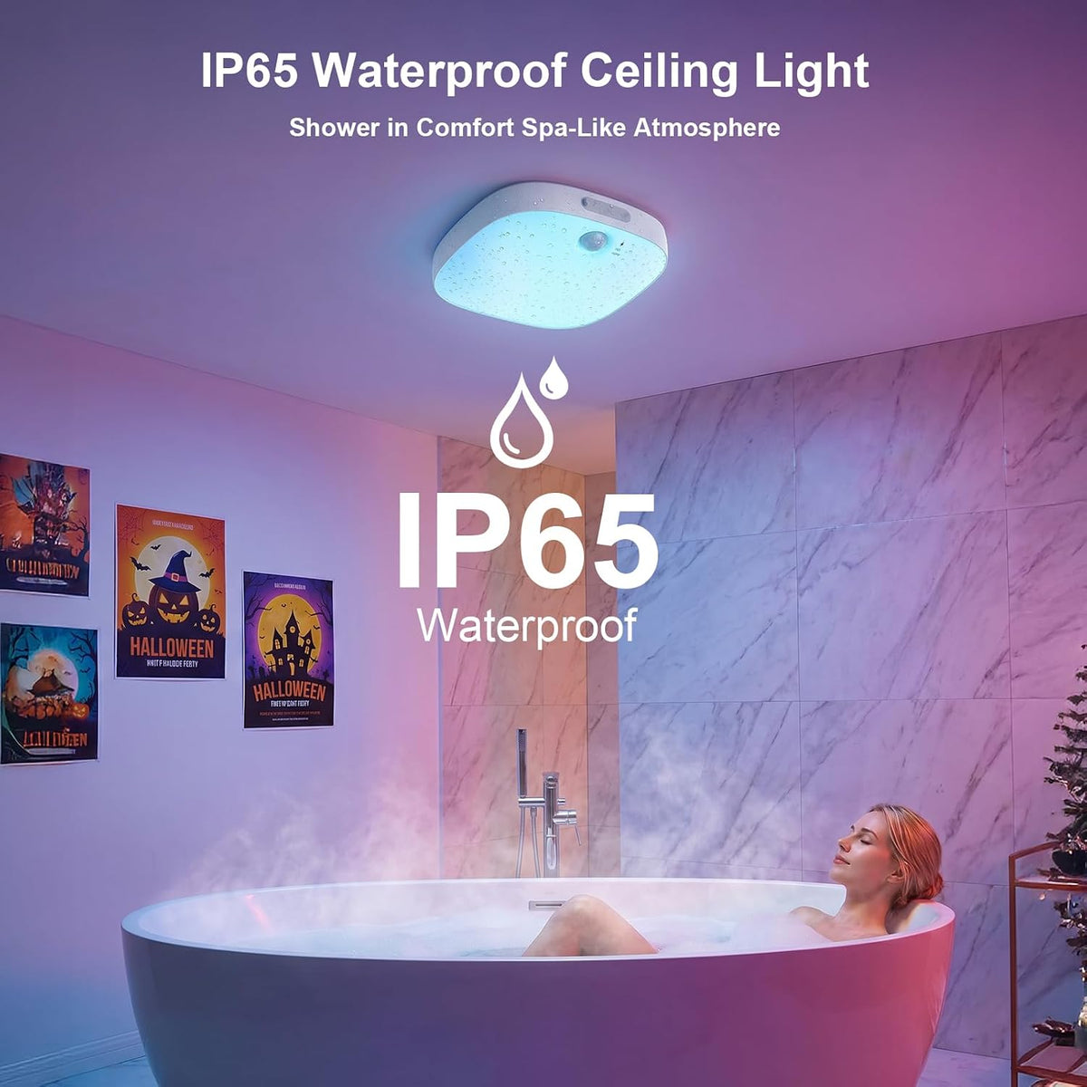 NARUNDREN 2 Pack IP65 Motion Sensor Shower Ceiling Light 10000mAh 18 Colors