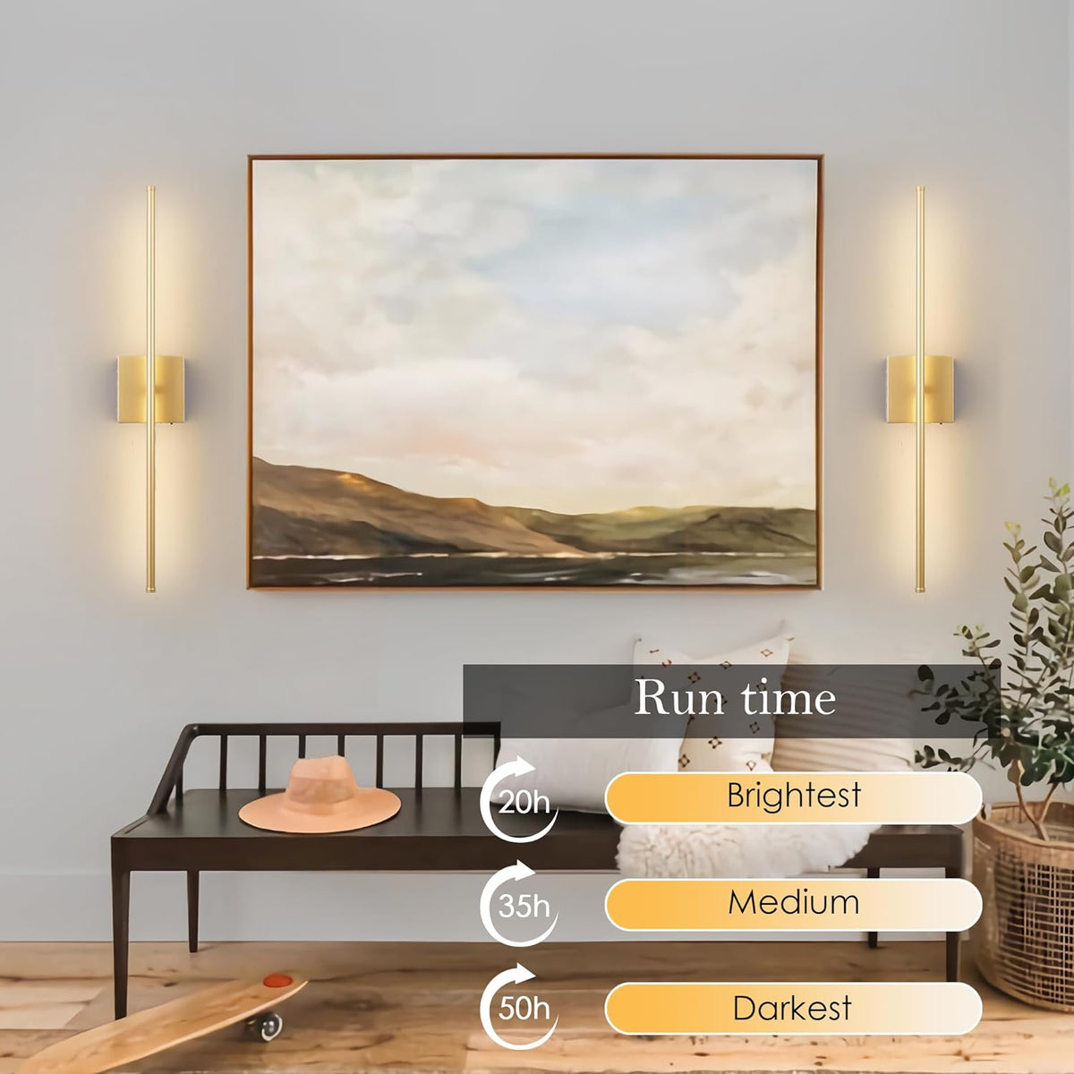 KARTOOSH 28.3 Inch Battery Operated Wall Sconces Wireless Set of 2, Gold
