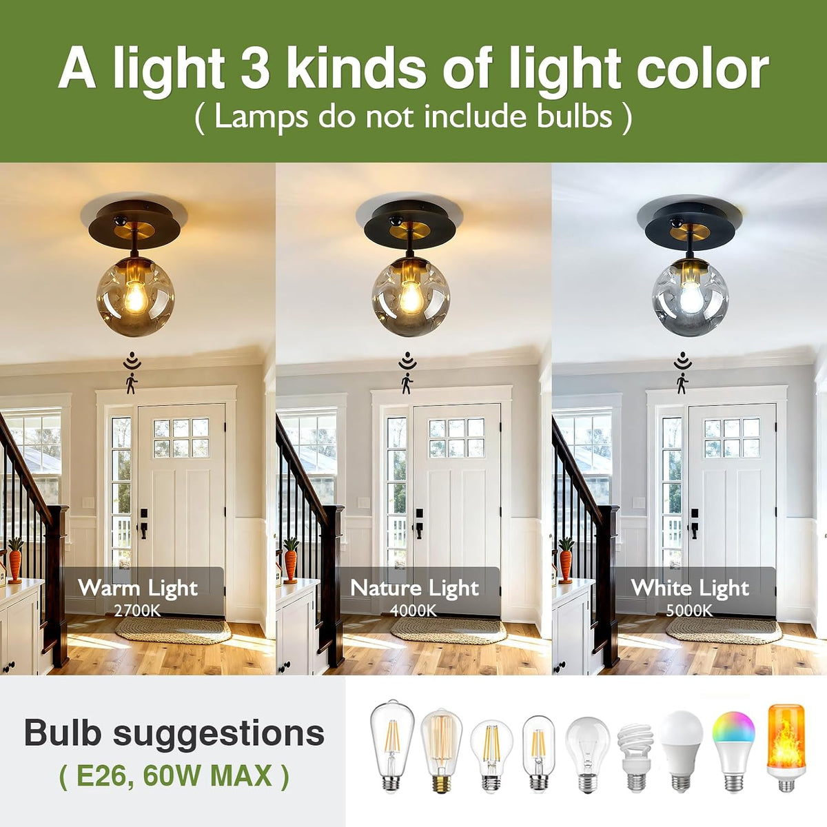 Motion Sensor Light Indoor 1-Light Mini Glass Globe Ceiling Light Fixture Modern Black Semi Flush Mount Light for Hallway Entryway Porch Stairway Closet