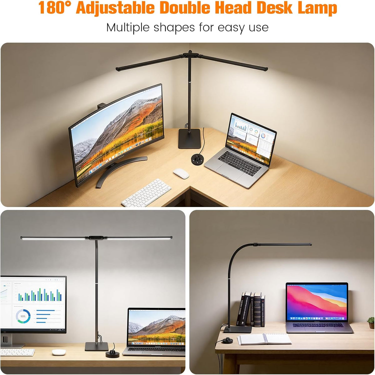 Desk Lamp for Home Office,Adjustable Double Head Desk Light with Base Black