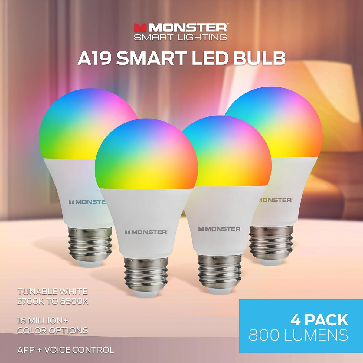 Monster Smart LED Light Bulbs WiFi Color Changing Bulbs, Dimmable Multicolor & Tunable White, Compatible with Alexa & Google Home, A19, 800 Lumens