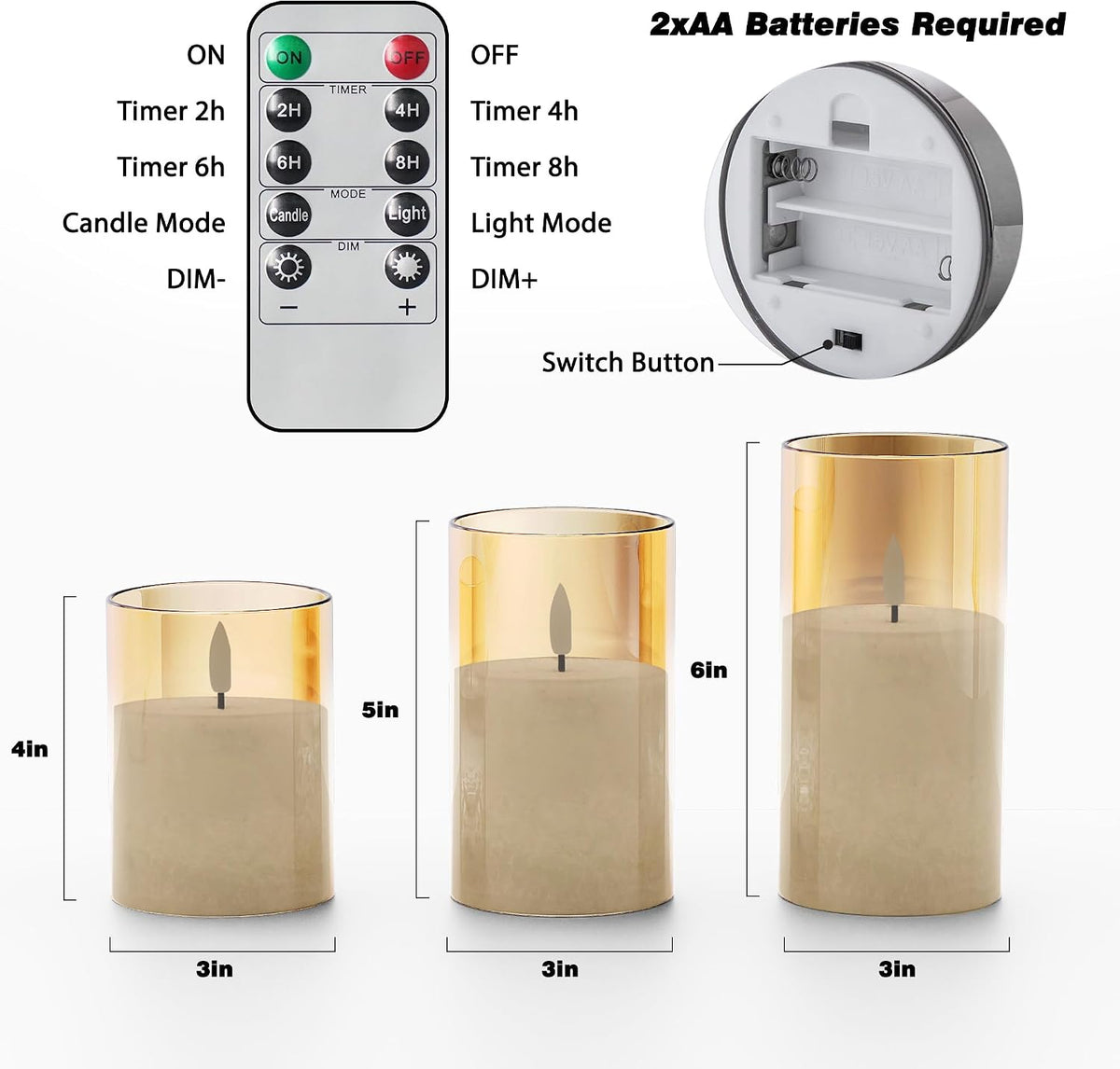 Battery Operated Flameless Candles with Remote & Timer, Gold Glass 3Pack | Real Wax Crystal Texture, D3×H4/5/6", 2/4/6/8H Timer, Dimming, Flickering Realistic LED Candles for Wedding Table Decor
