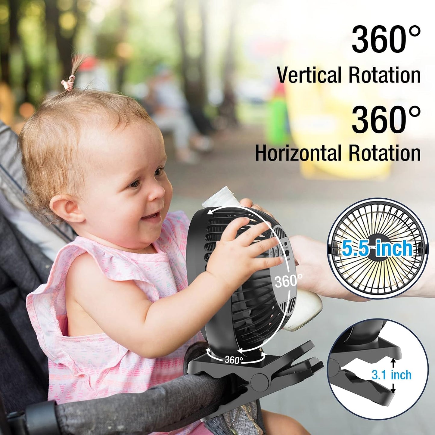 Clip on Fan, 65Hours Portable Rechargeable Fan with LED Lights/Remote/Hooks | 12000mAh Battery Powered Fan with Strong Clamp, Small Desk Fan Mini Fans for Tents Travel Outdoor Camping Golf Cart, Black