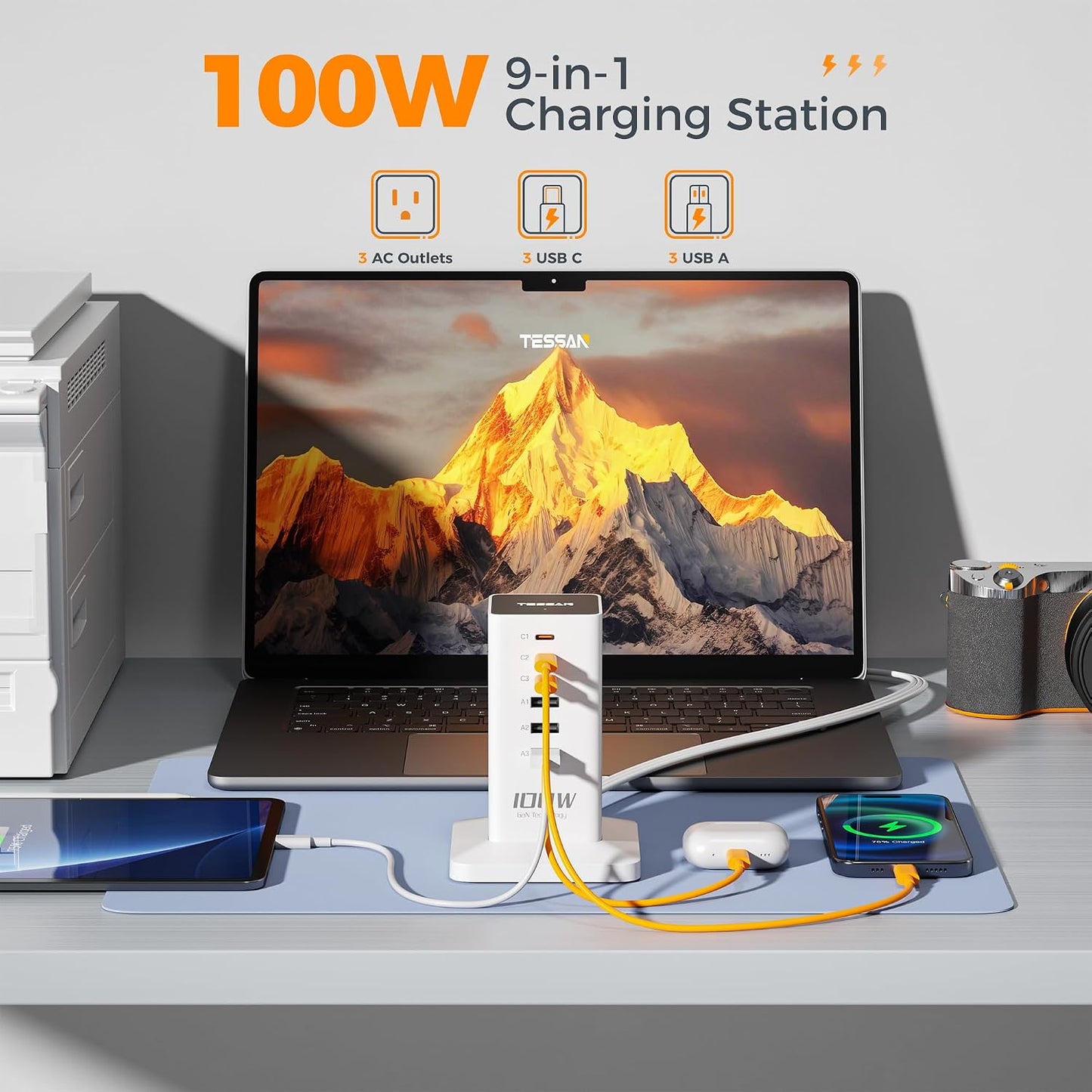 TESSAN 100W USB Charging Station for Multiple Devices 9-in-1 USB Charger | Desktop Accessories with 3 AC Outlet, 3 USB C, 3 USB A for iPhone 17/16/15, MacBook, Tablet, Home Drom Office, White