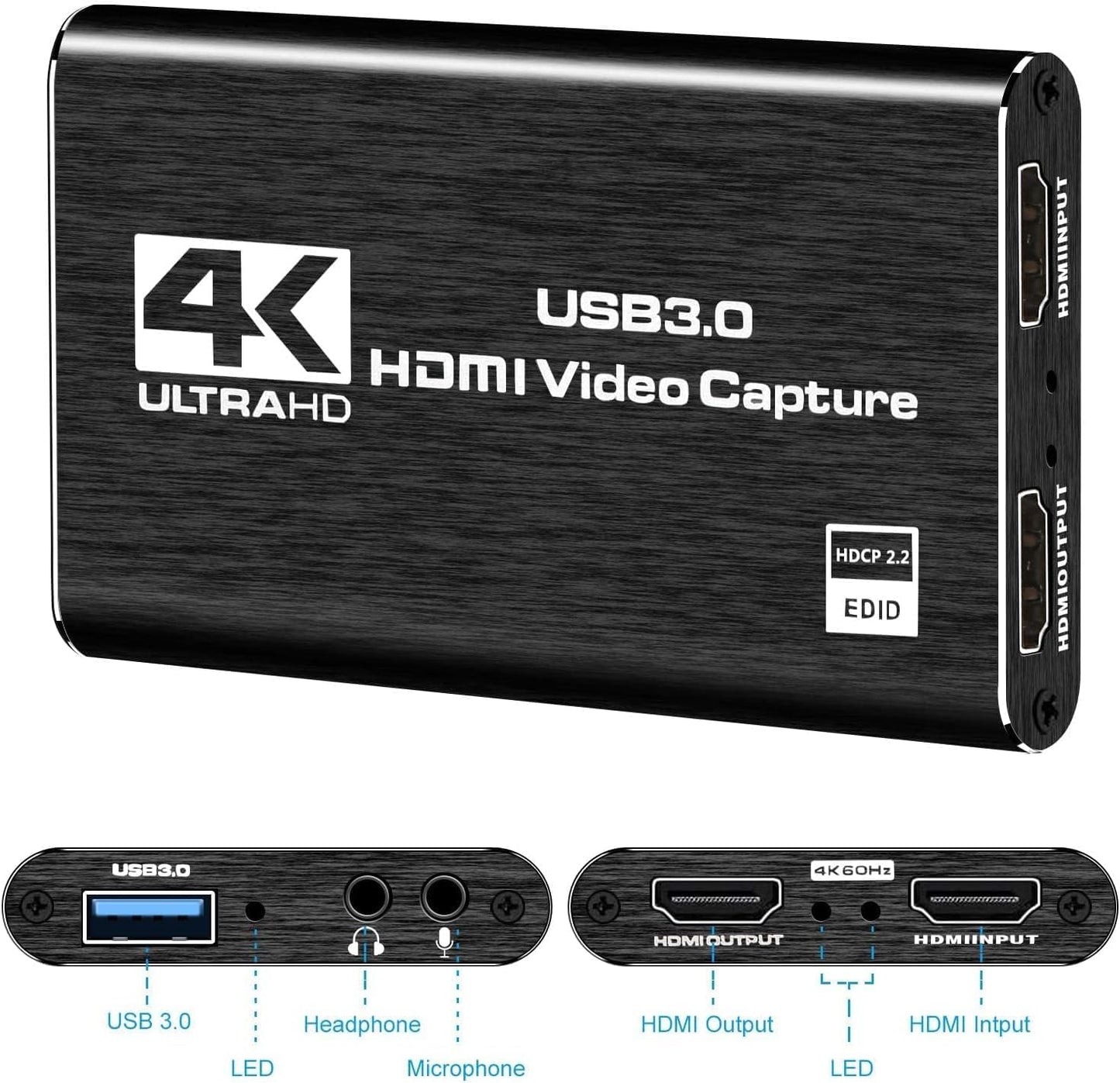 Video Capture Card, 4K HDMI Video Capture, USB 3.0 Game Capture Card, Video Capture Device Full HD 1080p 60FPS for Live Streaming, Work with PS4/PS5/Xbox/PC/Mac Linux Android Windows 10/11