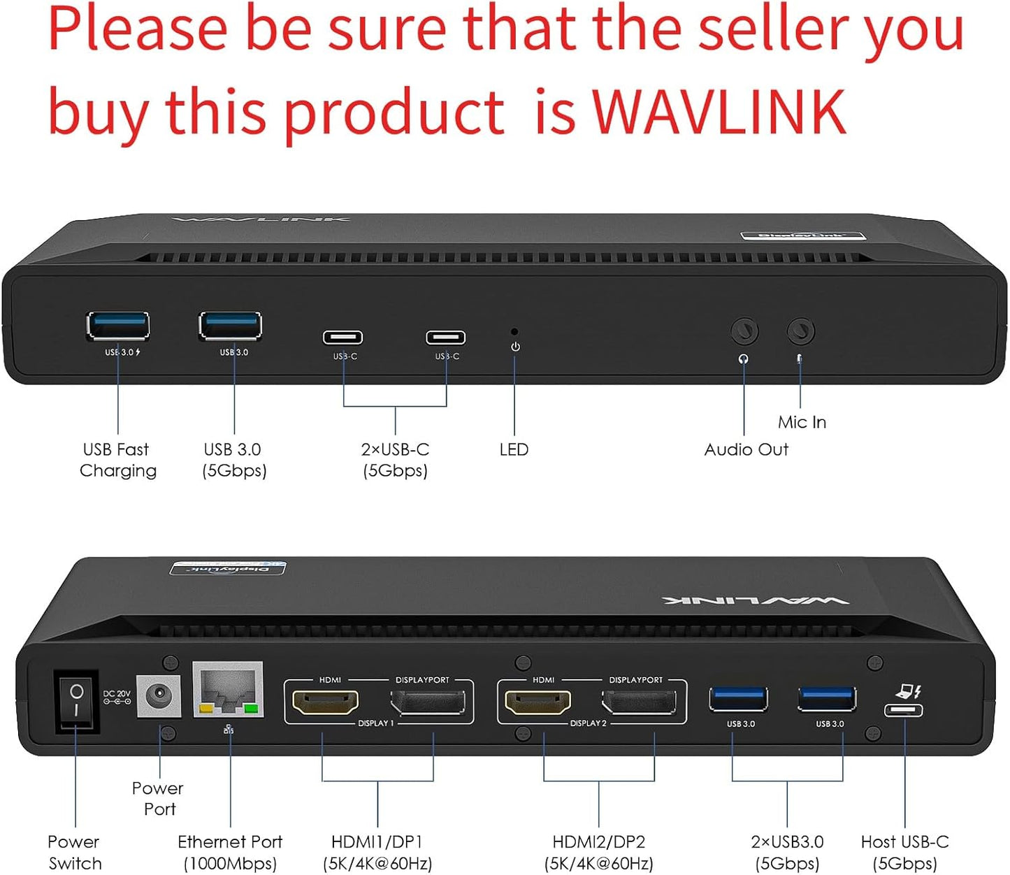 WAVLINK Universal USB C Laptop Docking Station Dual Monitors 5K/4K@60Hz with 65W Host Charging for Thunderbolt 4/3, USB-C Windows, Mac M1-M5/Macbook Neo, Chrome (2HDMI+2DP), 6USB 3.0, 1Gbps Ethernet