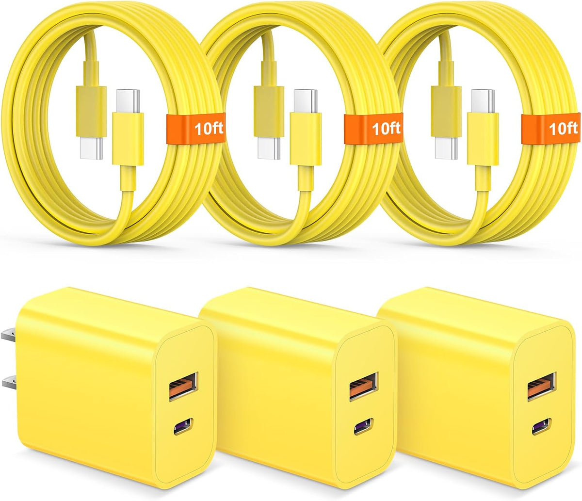 iPhone 17 16 15 Charger Fast Charging USB C Charger Block Type C Chargers Charging Block with 3 Pack 10FT Cable for iPhone 17/17 Plus/17 Pro Max/16/16 Plus/16 Pro Max/15 Pro Max/iPad Pro(Yellow)