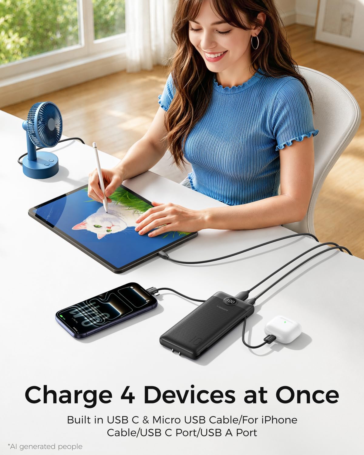 VEGER Portable Charger for iPhone, Power Bank Built in Cable and Wall Plug | 10000mAh,Ultra Slim&Compact,5 Outputs,LED Display,Flight-Safe,Travel Essentials Battery Pack for iPhone 17,iPad, Samsung,etc