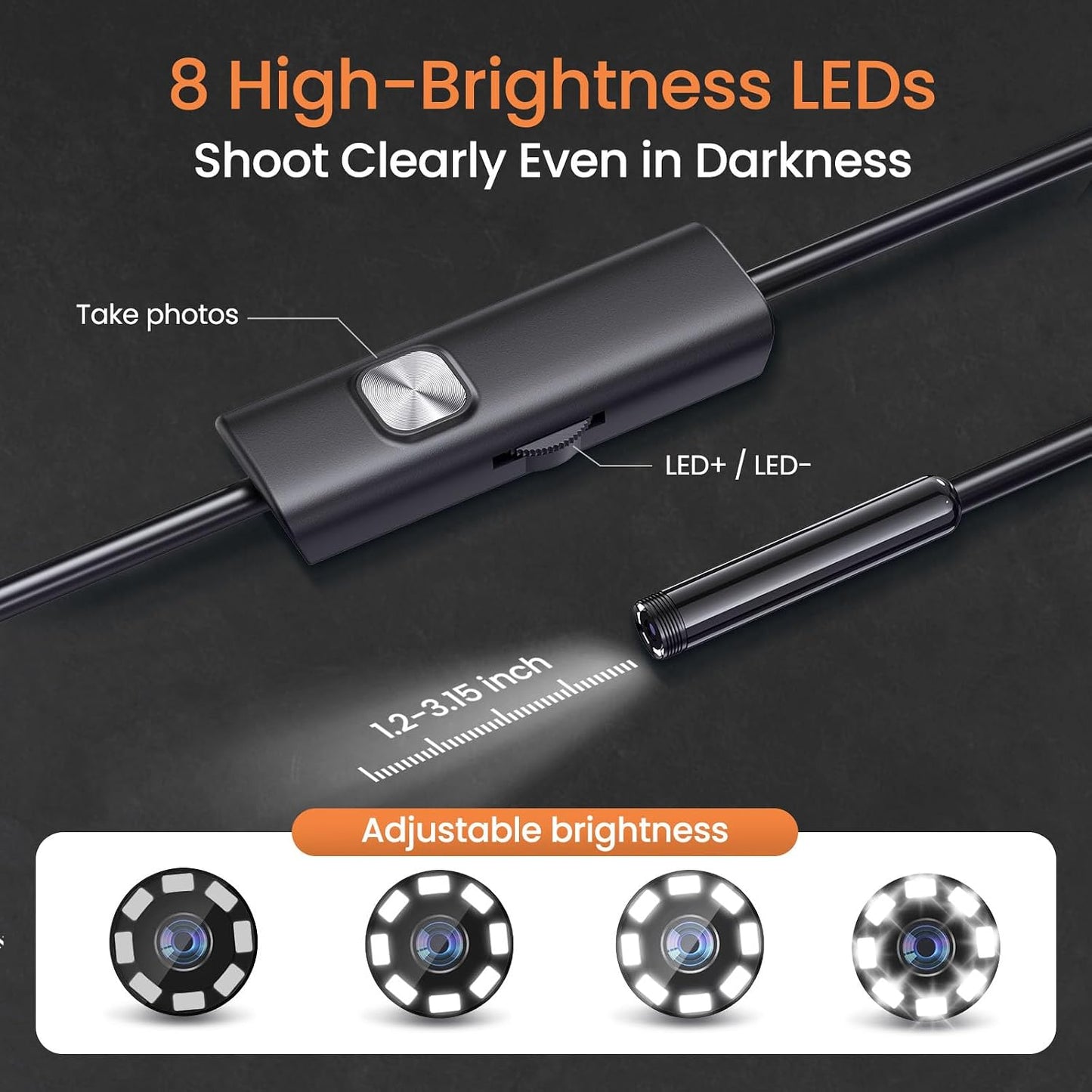 Endoscope Camera with Light, 1920P HD Borescope with Dimmable LED | Endoscope Camera for iPhone & Android, 16.4ft Semi-Rigid Snake Camera, IP67 Waterproof Inspection Tools, Gifts for Men