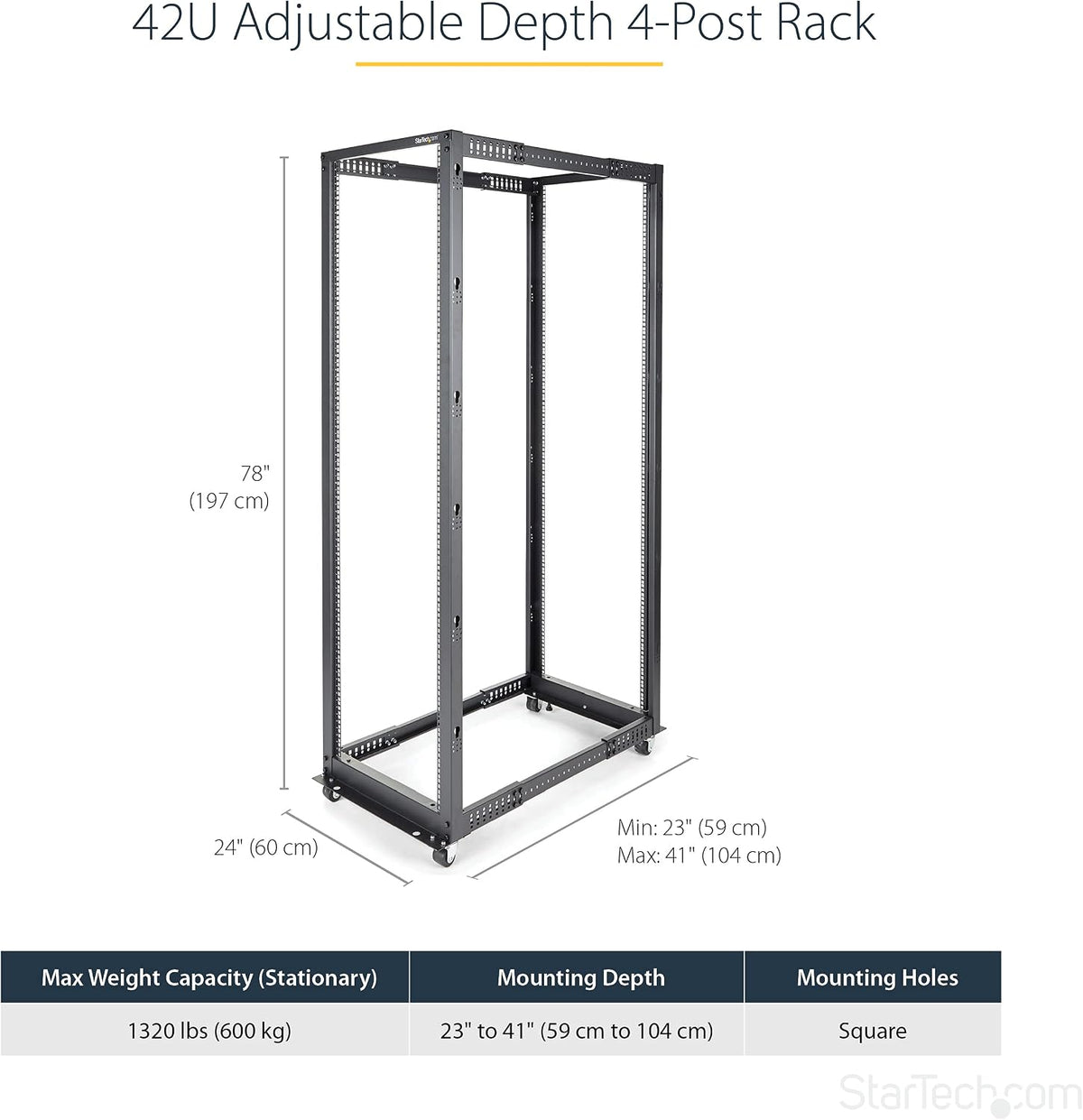 StarTech 42U 4-Post Open Frame Rack, 19in, 22-40in, 1323lb/600kg