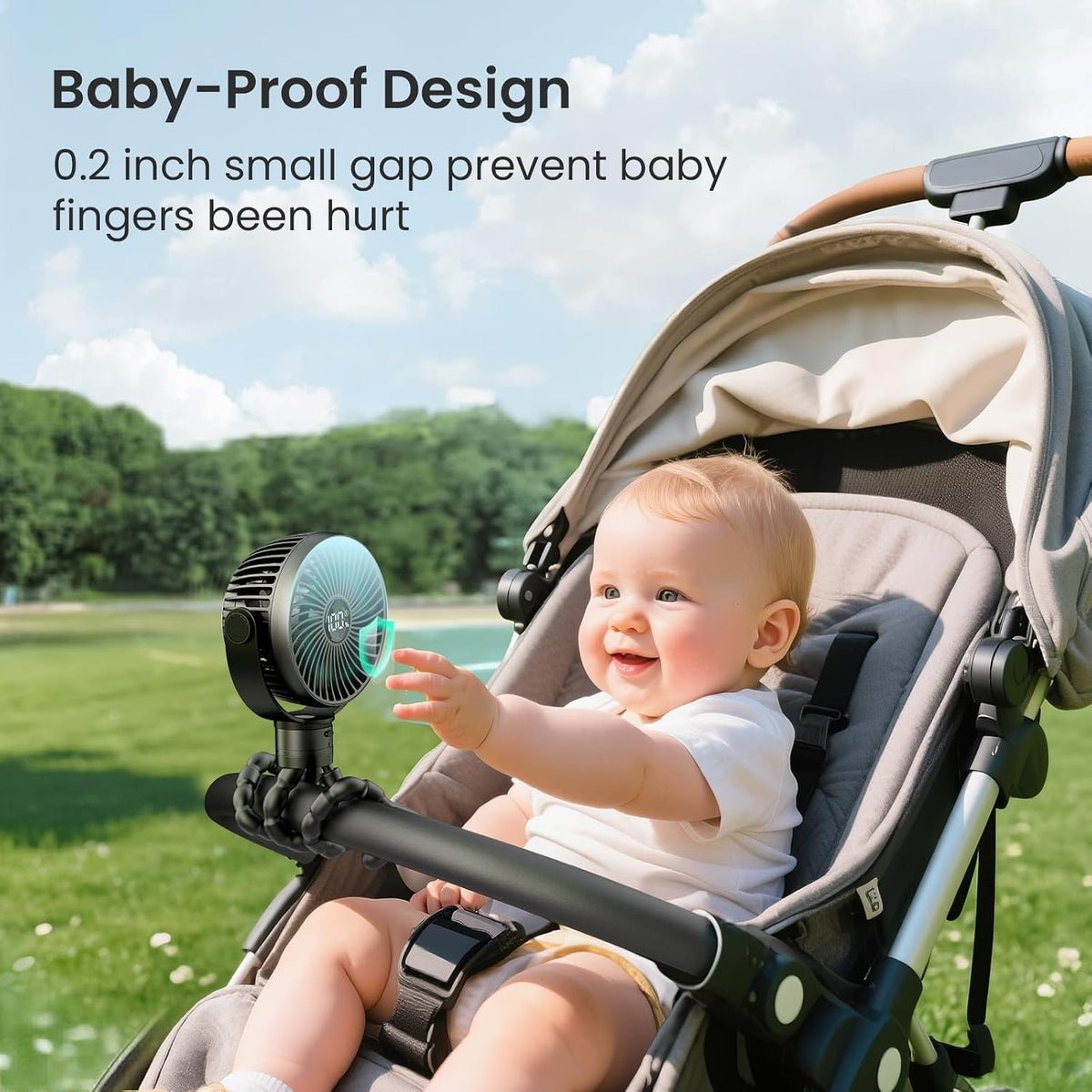 Coohea Portable Stroller Fan, 25H Long-lasting, 4 Speed, Night Light, Black | 4000mAh Rechargeable Battery Powered Fan, Head Detachable 360° Rotate Mini Fan, Easy to Wrap for Car Seat Crib Bike Treadmill