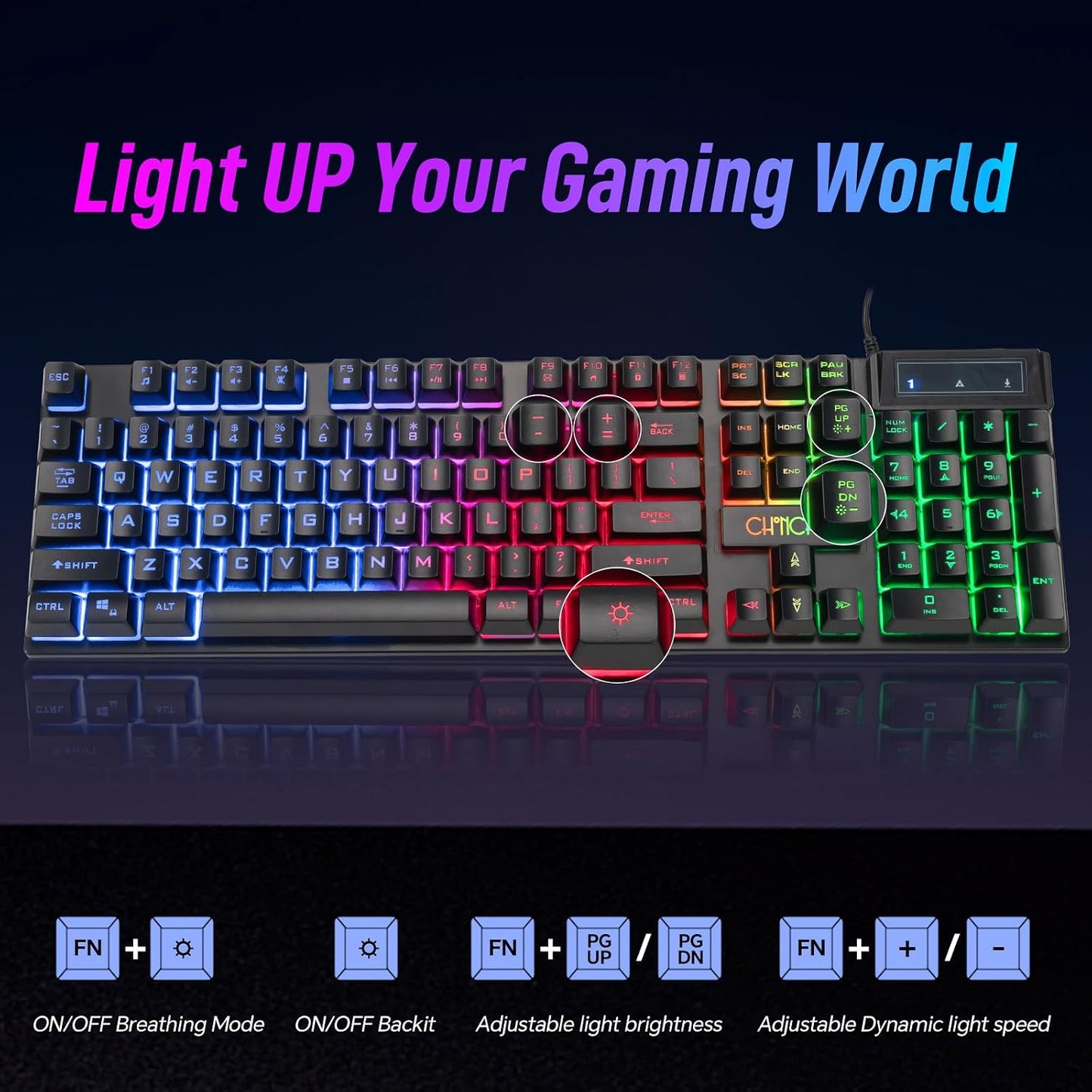 Wired Gaming Keyboard, 104 Keys Full Size, Light Up Keyboard for PC Mac Laptop Desktop