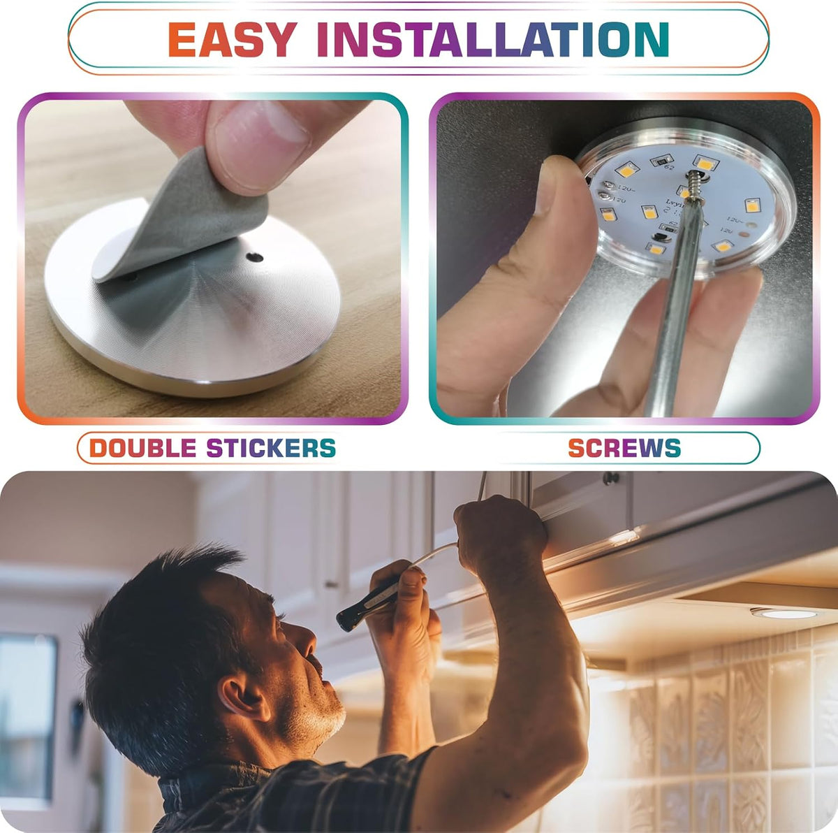 RGBWW Under Cabinet LED Puck Lights Kit Dimmable, 120VAC Plug-in, 4 Lights