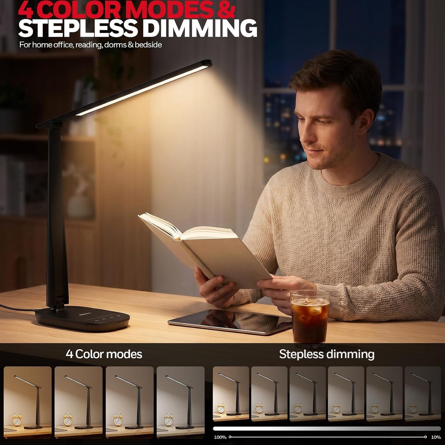 Honeywell LED Desk Lamp for Home Office Eye-Caring Dimmable Reading Light | CRI94,4 Color Modes,Touch Control,USB-A And USB-C Ports,Adjustable Head,Timer,Desk Light for Bedroom Bedside College Dorm
