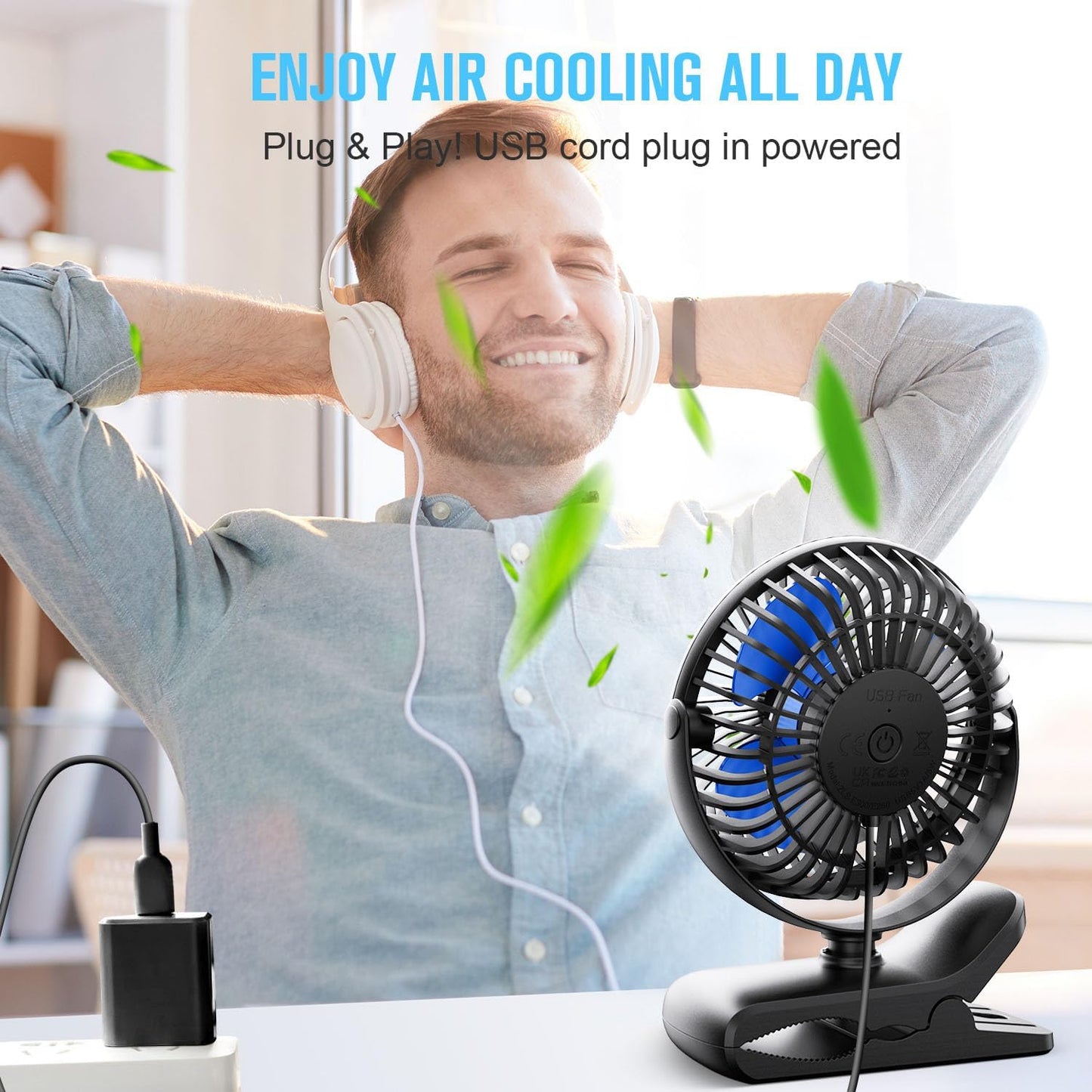 BESKAR USB Clip on Fan, Portable Small Desk Fan with Cord Powered | 3 Speeds Strong Airflow, Sturdy Clamp, Ultra Quiet Personal Cooling Fan for Office Dorm Bedroom Stroller