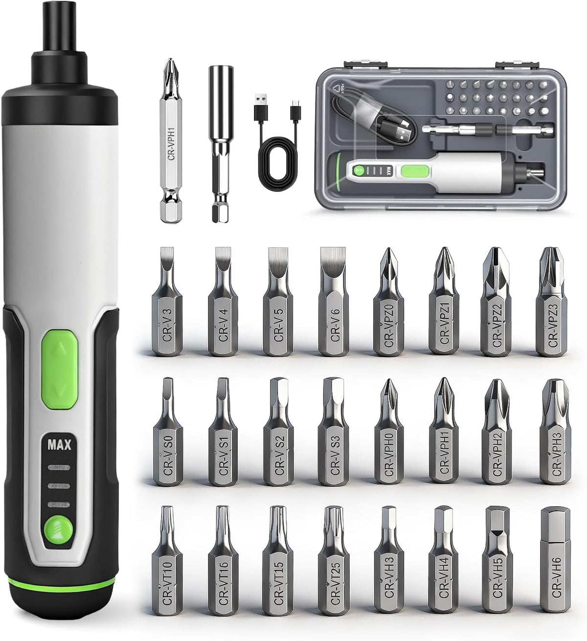 Electric Screwdriver Cordless Power Screwdrivers Set Tool Kit 25 Bits 3 Torque Settings LED Work Light Rechargeable for Furniture Bike Repair Tool