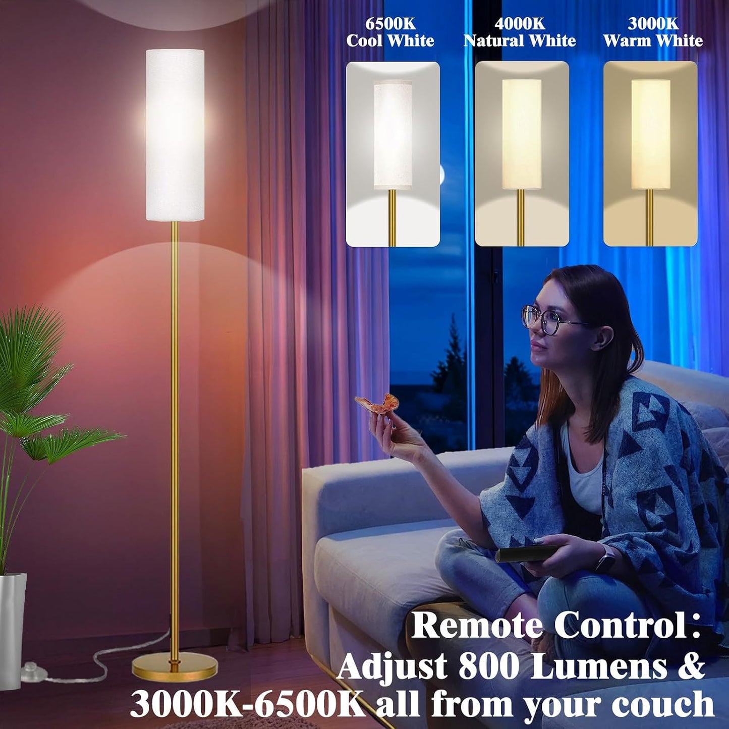 Qaubauyt Smart LED Floor Lamp with APP Control & RGB Colors - Dimmable Standing Lamp for Living Room, Bedroom, Gaming - Remote, Timer, 9W Bulb Included, 67" Modern Tall Lamp (Gold)