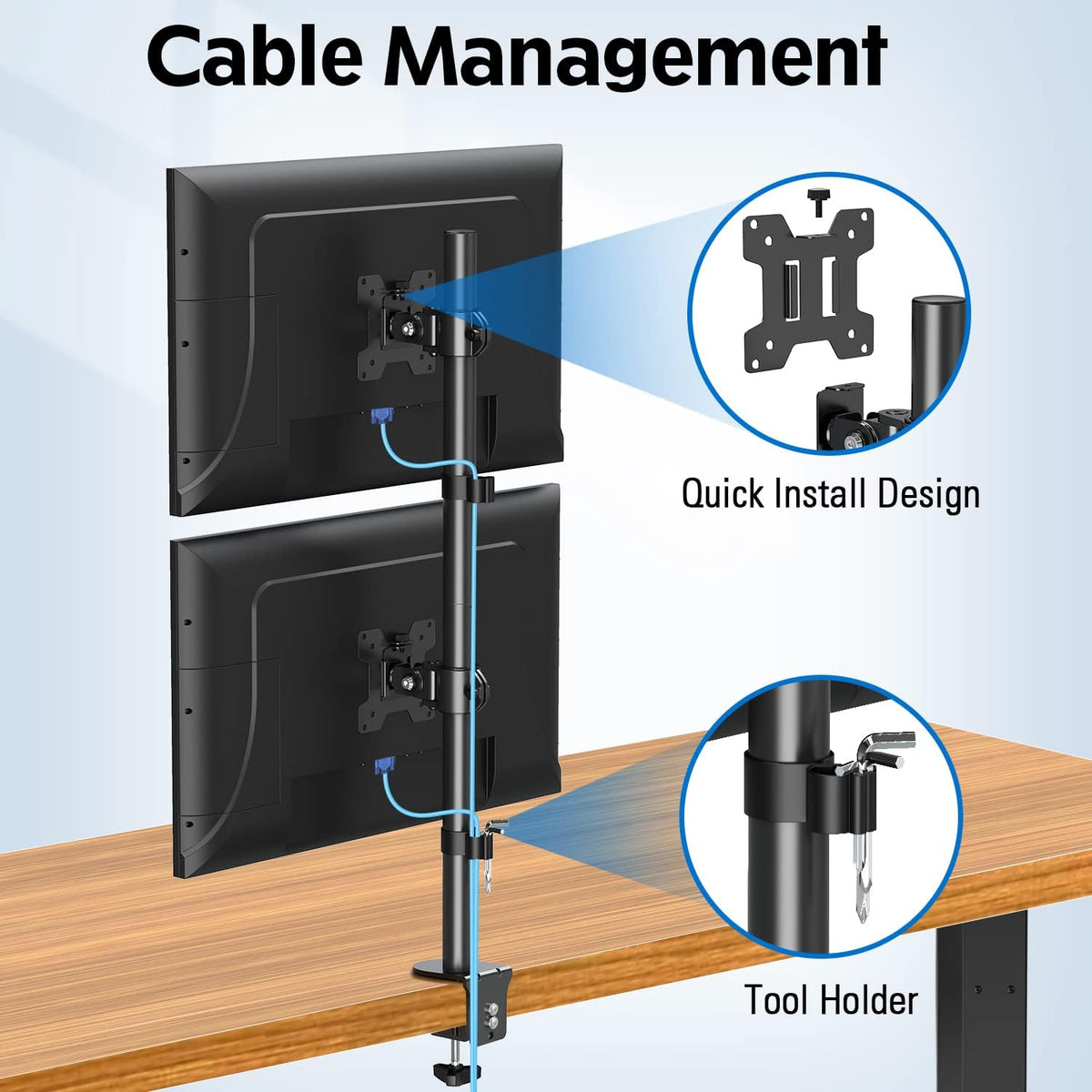 MOUNTUP Dual Monitor Stand, Vertical Monitor Mount for 2 Max 32 inch Stack Screen Monitors, Height Adjustable, Swivel, Tilt Monitor Desk Mount with C Clamp Grommet Base, Home Office