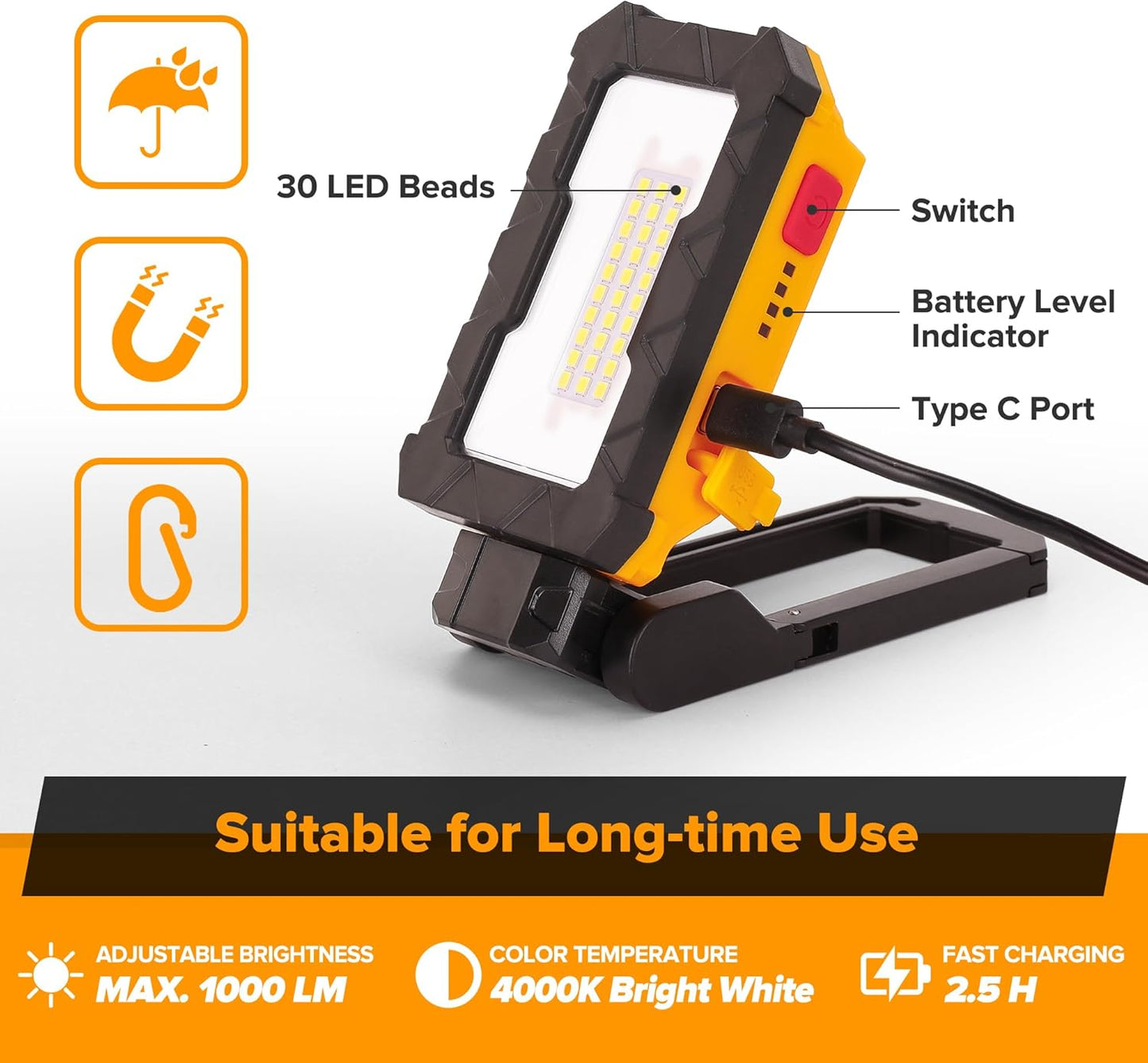 LUTEC Rechargeable Work Light, 1000 Lumens LED Magnetic Light with Magnetic Base and Hanging Hook，360°Rotate and 200°Swivel for Car Repair, Emergency and Camping (Orange)
