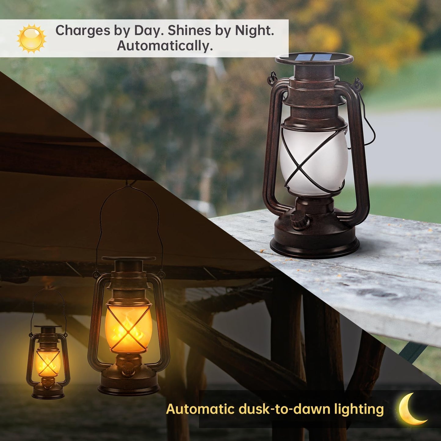 Marlrin Solar Lanterns Outdoor Waterproof 2 Pack LED Flickering Flame Light | Vintage Hanging Solar Lanterns Decorative Outdoor for Patio Garden Porch Decor Yard Pathway Camping Table Holiday Halloween