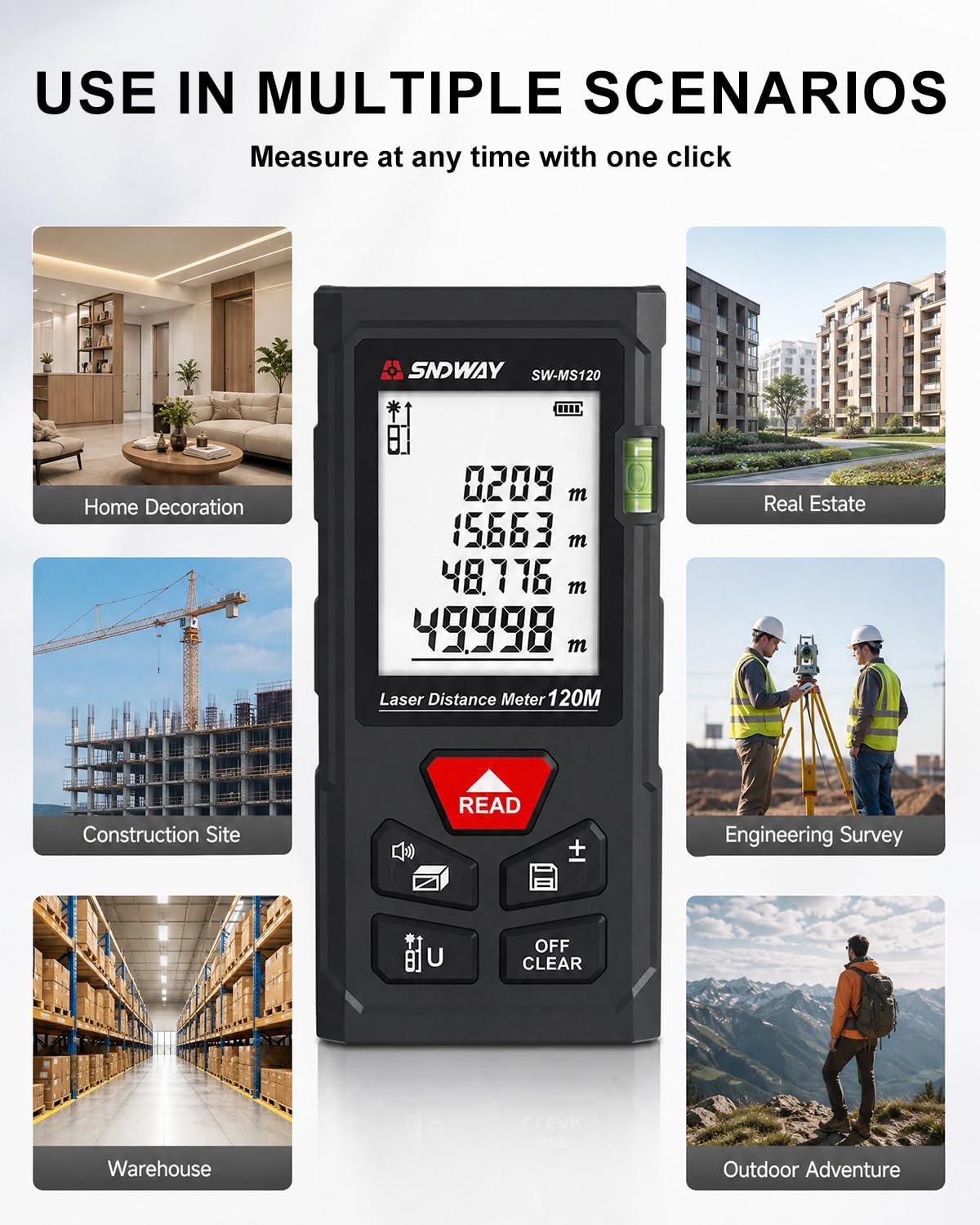 SNDWAY Laser Measuring Tool 393Ft with Bubble Levels and ±1/16" Accuracy | 2.0" Backlit Display, Area Measurement,Volume and Pythagoras for Indoor&Outdoor