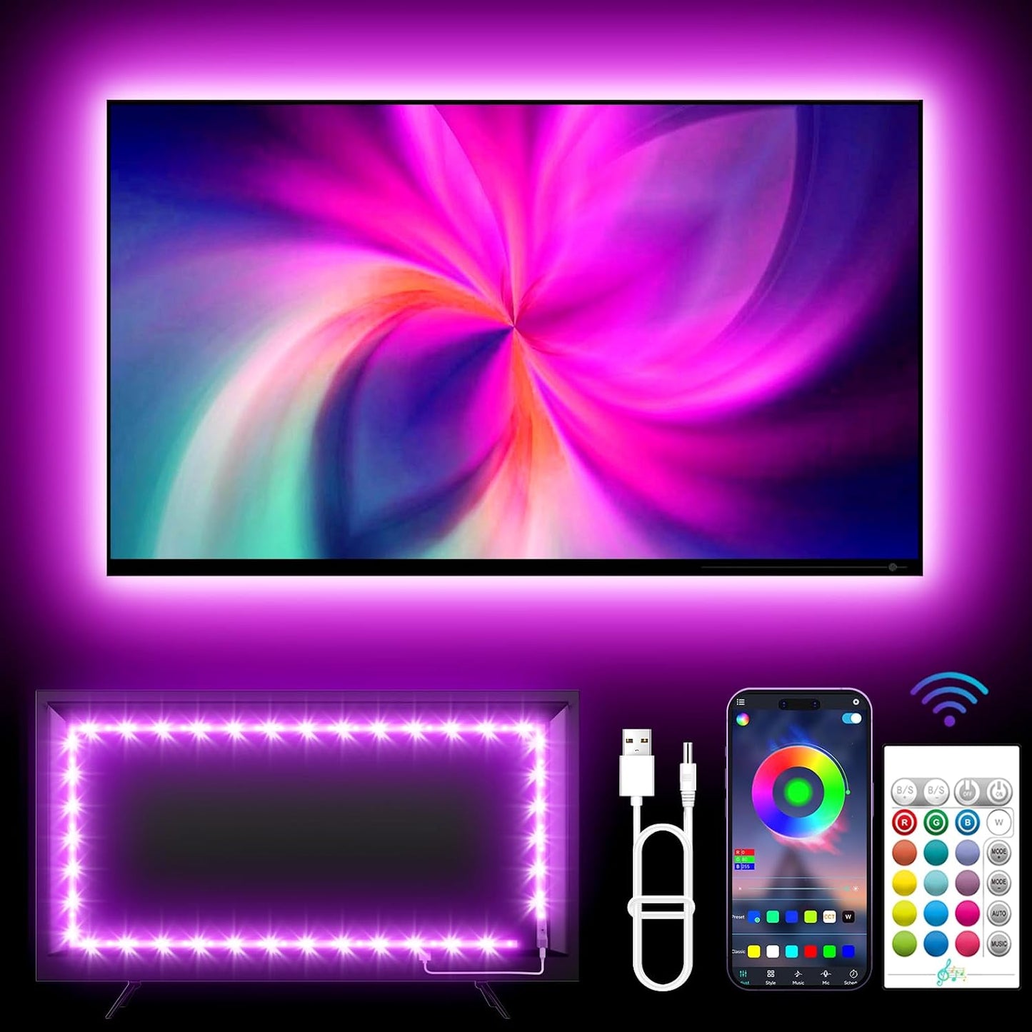 KANTUTOE TV Lights Behind, 19.68ft LED Lights for 55-85 Inch TV, RGB TV Backlight, Music Sync Bluetooth APP and Remote Control Strip Lights USB Powered for Bedroom Gaming Room Decor