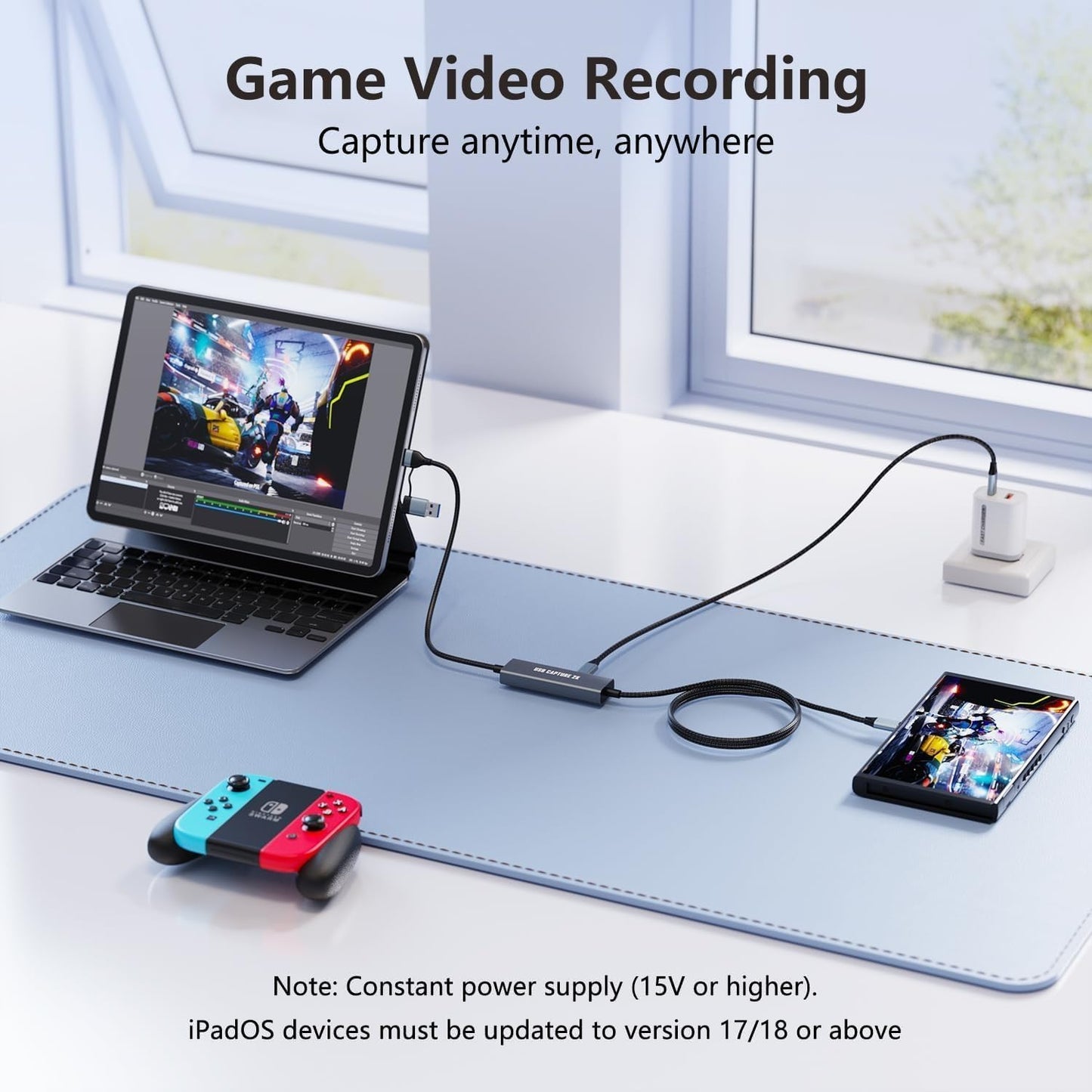 1080P 60FPS 2K@30Hz Capture Card, Type C to USB-A/C Video Capture Card USB 3.0 with 100W Power Delivery Ultra-Low Latency for Streaming, Recording, Gaming Compatible with Switch, iPad, Steam