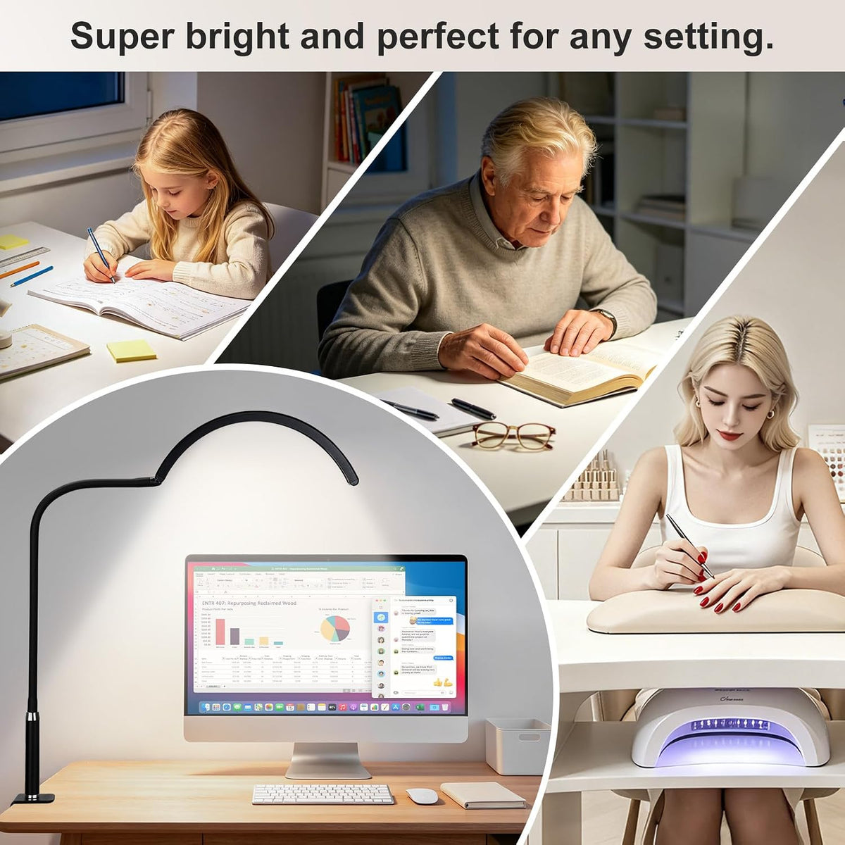 Half Moon LED Desk Lamp with Clamp, Dimmable Eye-Caring Light with 3 Color Modes and Flexible Gooseneck, Shadow-Reducing Clip-On Lamp for Home Office, Study, Reading and Workbench