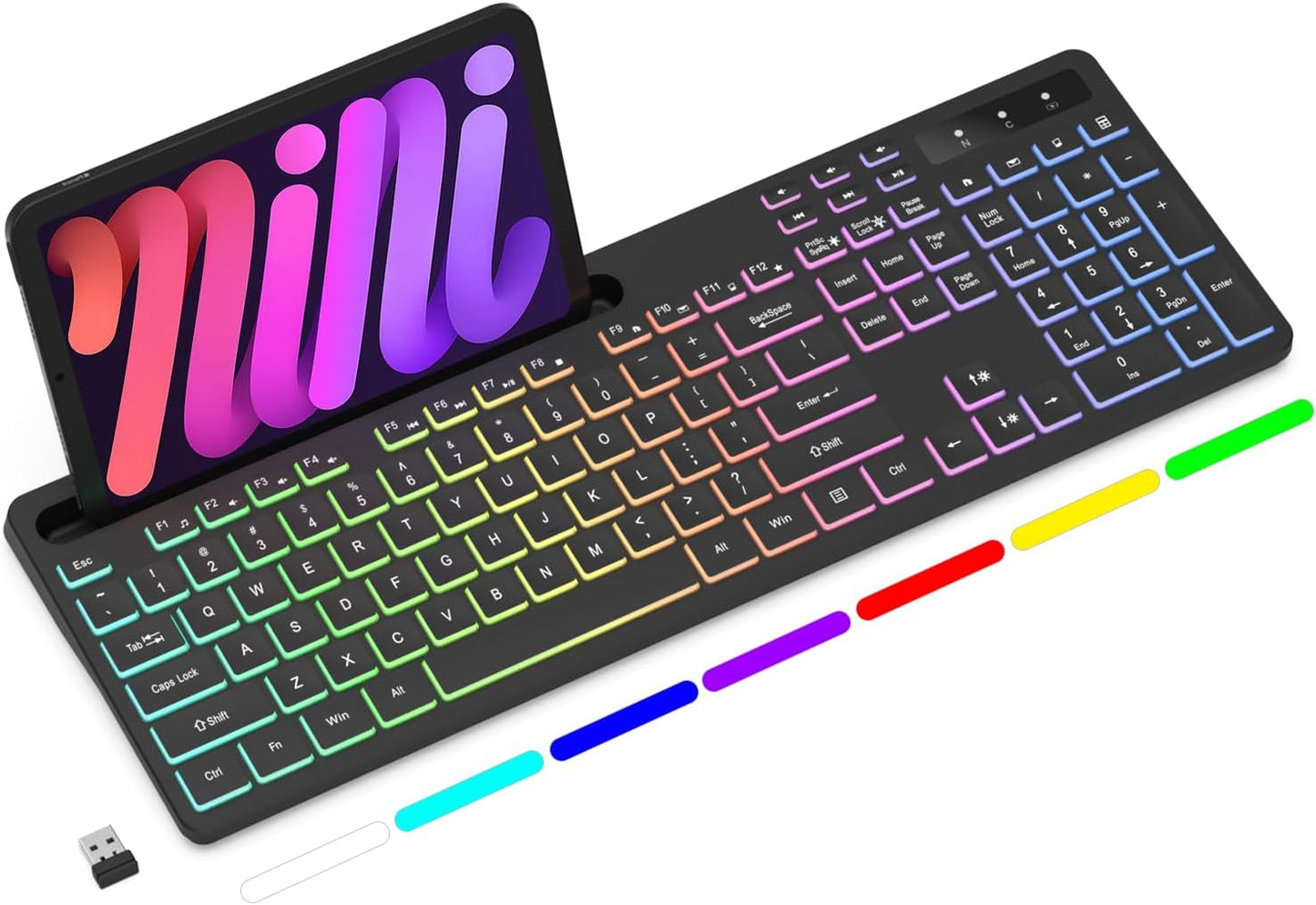 Soueto Wireless Keyboard with 7-Color RGB Backlit, Full-Size Computer Keyboard with Phone Tablet Holder, 2.4G Rechargeable Gaming Keyboard with Light Up Keys, Compatible with Mac, Windows (Black)