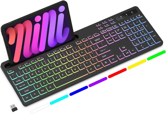 Soueto Wireless Keyboard with 7-Color RGB Backlit, Full-Size Computer Keyboard with Phone Tablet Holder, 2.4G Rechargeable Gaming Keyboard with Light Up Keys, Compatible with Mac, Windows (Black)