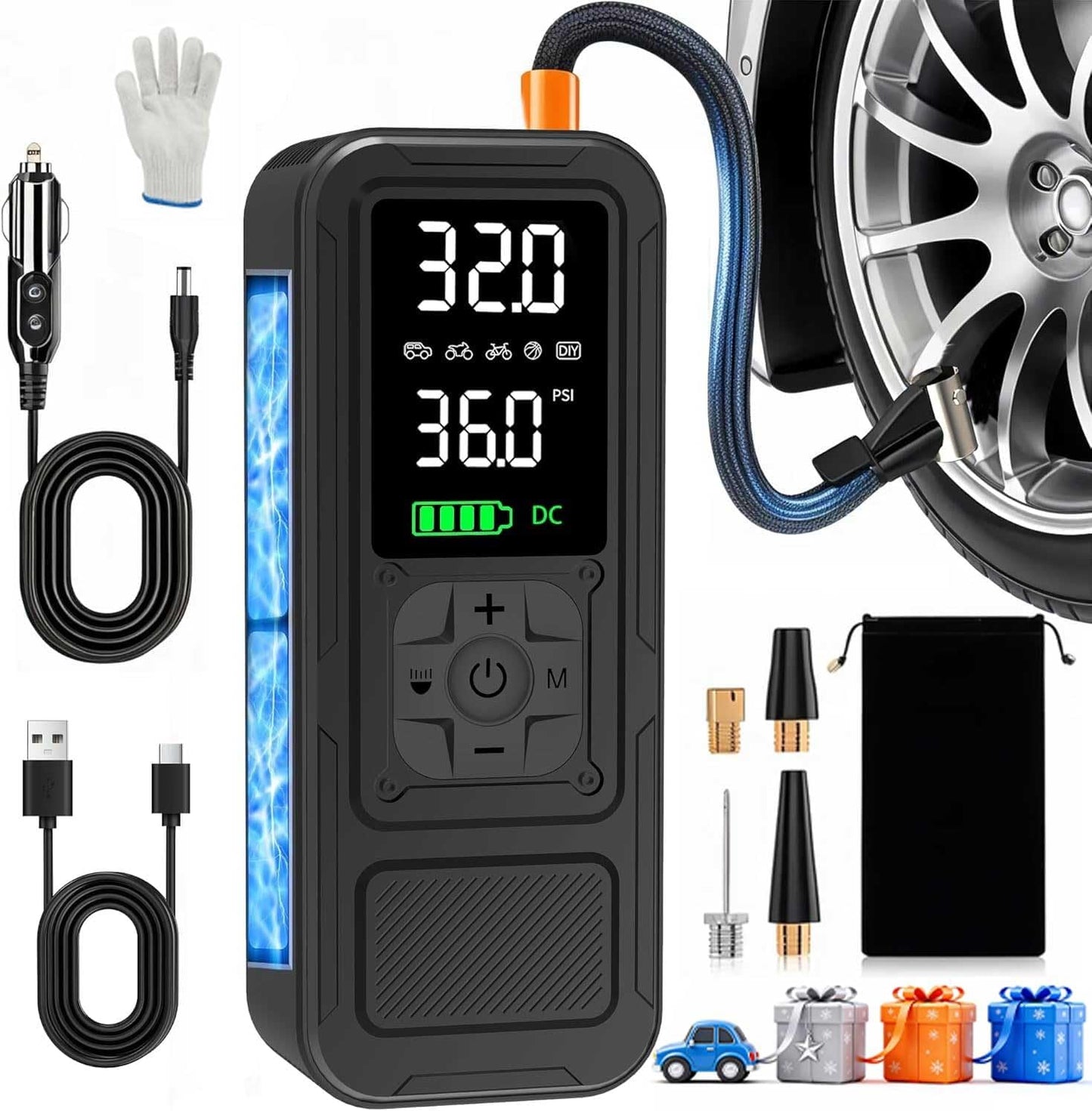 Y34 Tire Inflator Portable Air Compressor,4X Faster Inflation,6000mAh Cordless/12V DC 150PSI Air Pump with Digital Pressure Gauge for Car,Motorcycle,Bike,Ball Gifts for Men