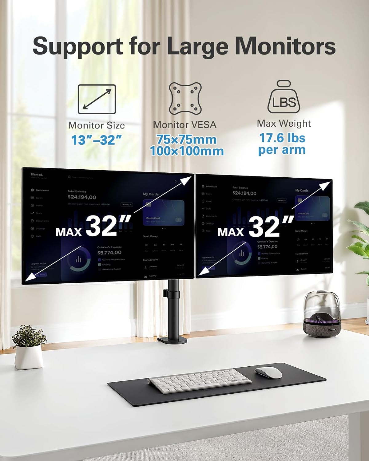 HUANUO Dual Monitor Mount for 13-32 Inch Screens, 17.6 lbs per Arm | Dual screen setup, tilt, swivel, rotation, 16.3 inch pole, cable clips, C-clamp or grommet, VESA 75x75/100x100mm