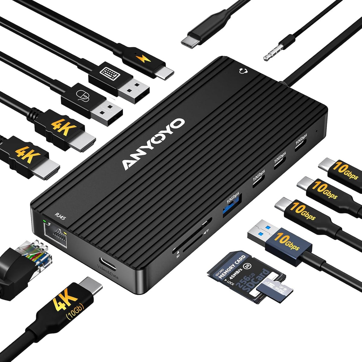 ANYOYO USB C Docking Station, 14 in 1 USB Hub for 3 Monitors, Dual 4K@60Hz HDMI & USB-C Video, 4xUSB-C(10Gbps),3X USB-A, Ethernet, SD/TF& 3.5mm Audio – Multiport Adapter for Lenovo/Dell/HP (Black)