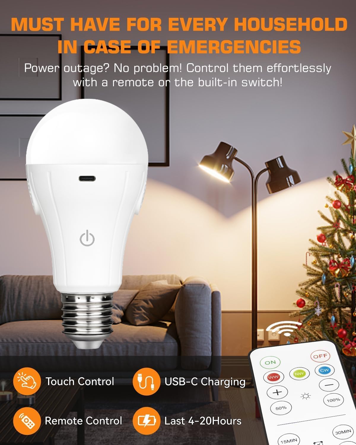 CordlessGlow Battery Operated Light Bulb with Remote，3 Colors + Dimmable + Touch Control Rechargeable Light Bulbs for no-Hardwired Fixture, up to 24 Hours,2Pack
