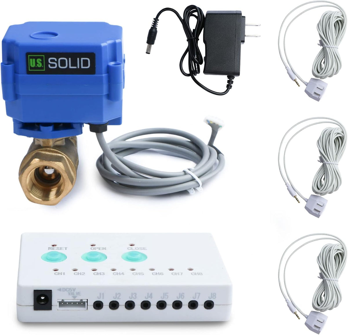 U.S. Solid Water Leak Detector with Auto Shut-Off Valve & Sound Alarm, 3/4" NSF Certified 304SS Motorized Ball Valve with 3 Sensors, Smart Sensor System for Water Heaters, Laundry & Flood Prevention