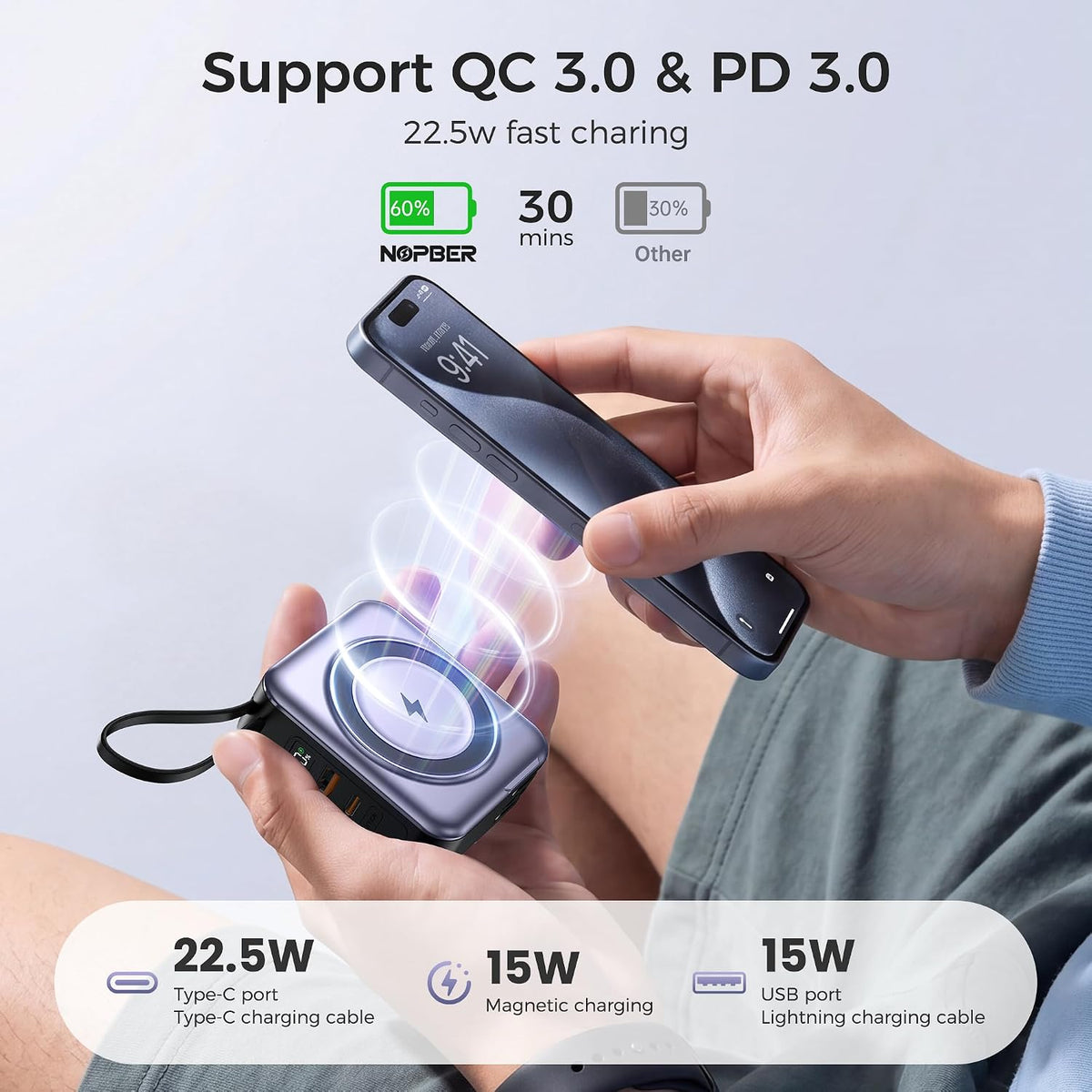 6-in-1 Magnetic Portable Charger 10000mAh – 22.5W Fast Charging with AC Wall Plug Built-in USB-C & Lightning Cables for iPhone 17/16/15/14/13/12, Android & Samsung (Silver Gray)
